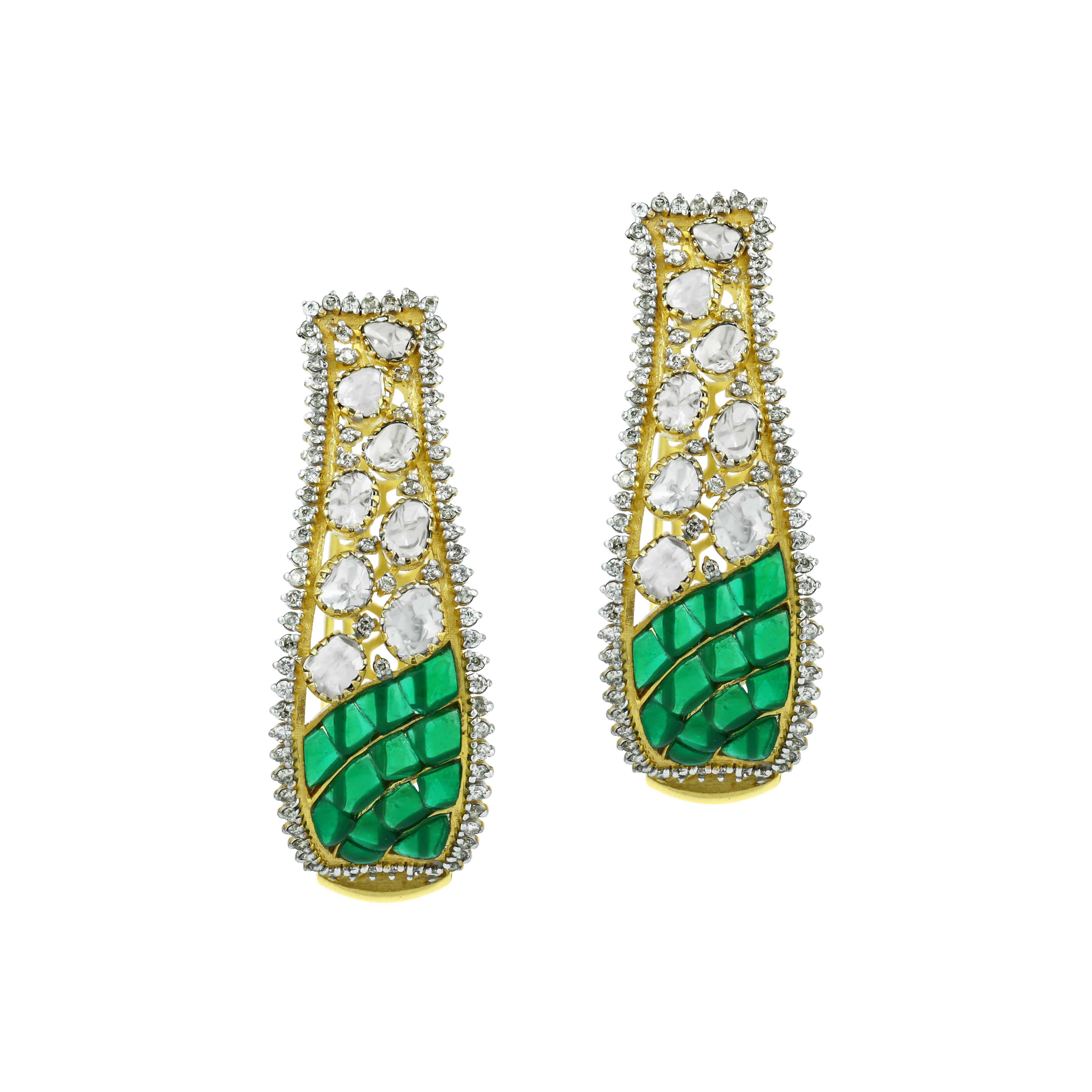 Polki Hoop Earrings with Emerald Talaf and Diamonds
