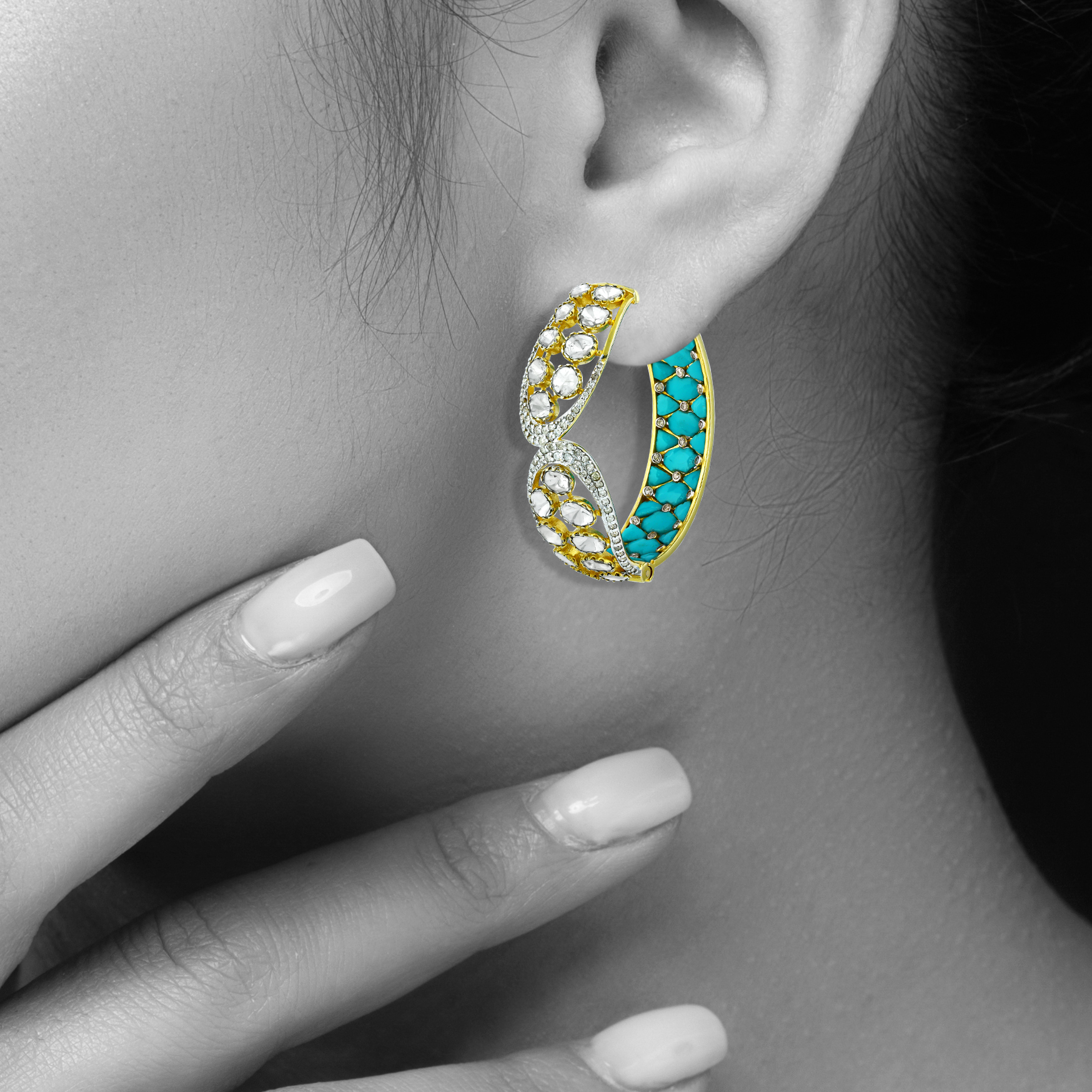 Polki Hoop Earrings with Turquoise and Diamonds