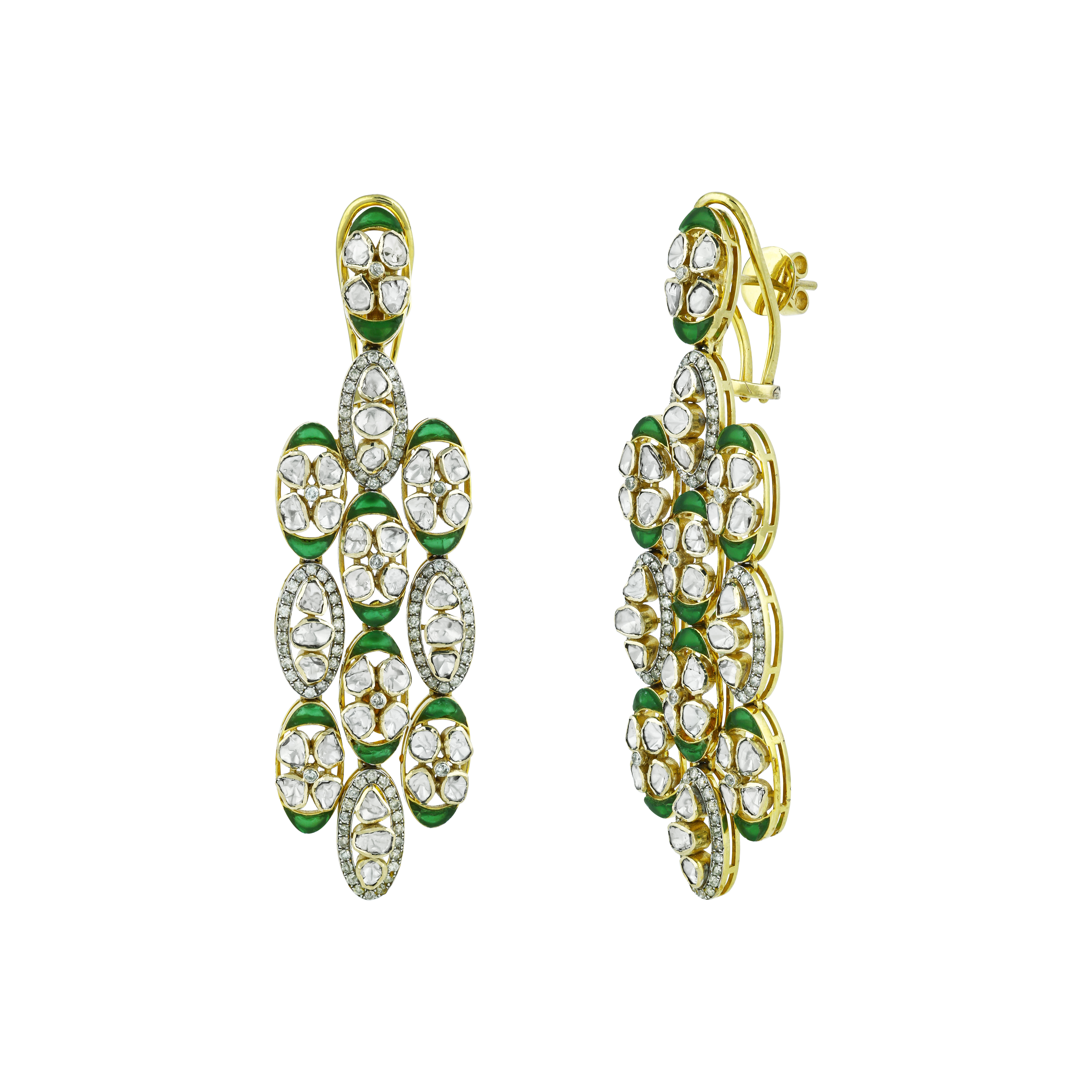Polki Earrings with Green Stones and Elongated Oval Design