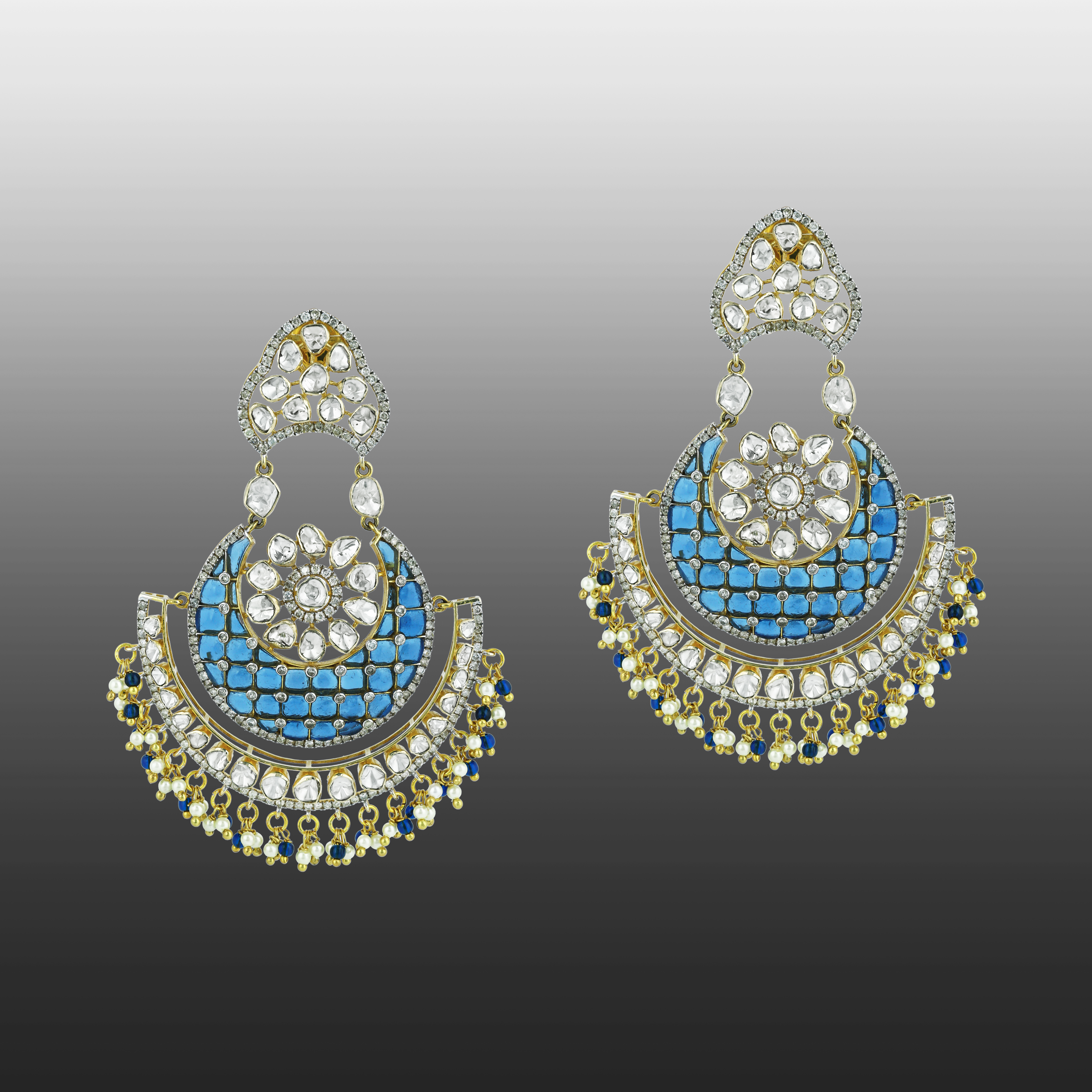 Crescent Chandbali Earrings with Polki, Blue Talaf, and Beads