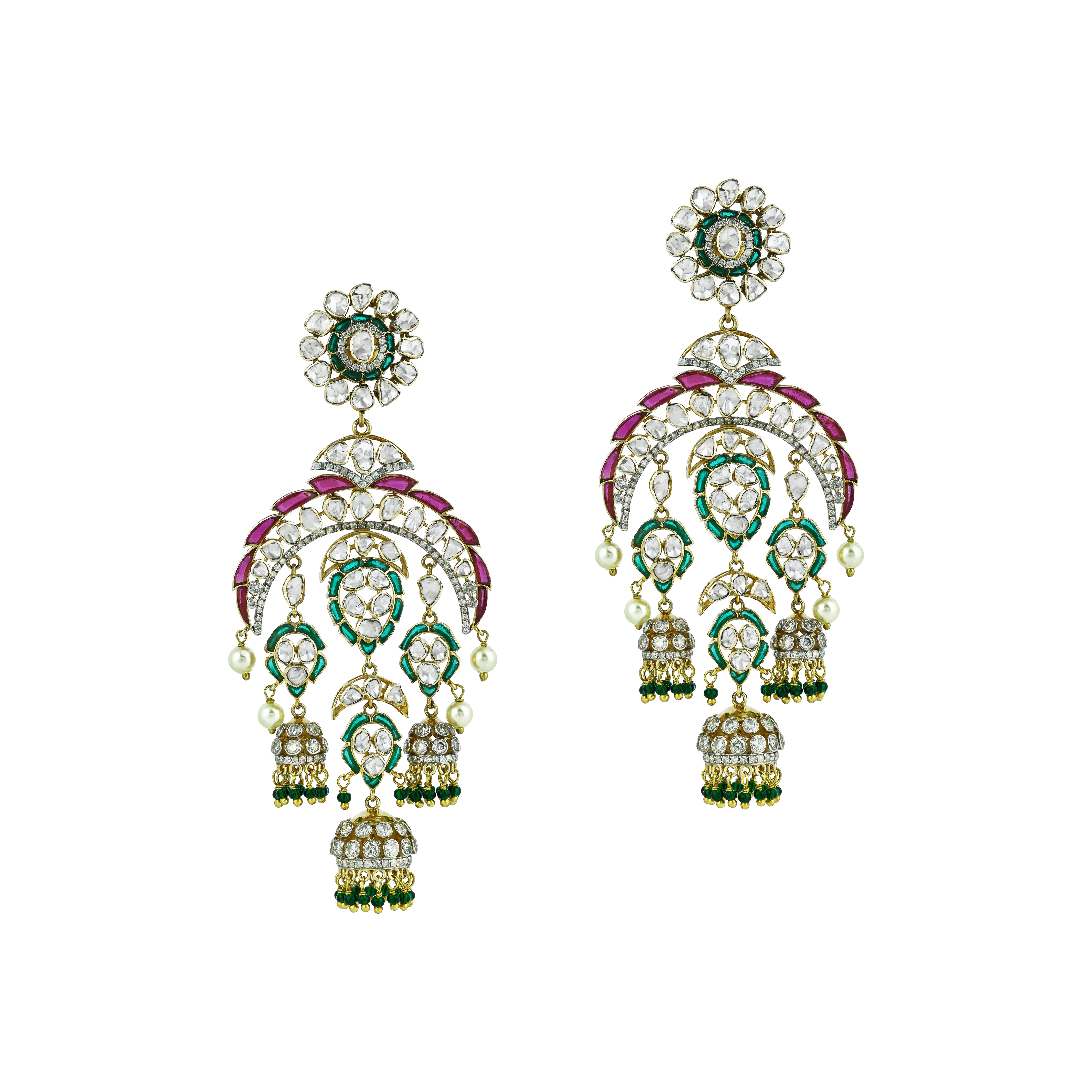 Polki Earrings with Green and Red Talafs, Pearl, and Tri-Jhumka Drops