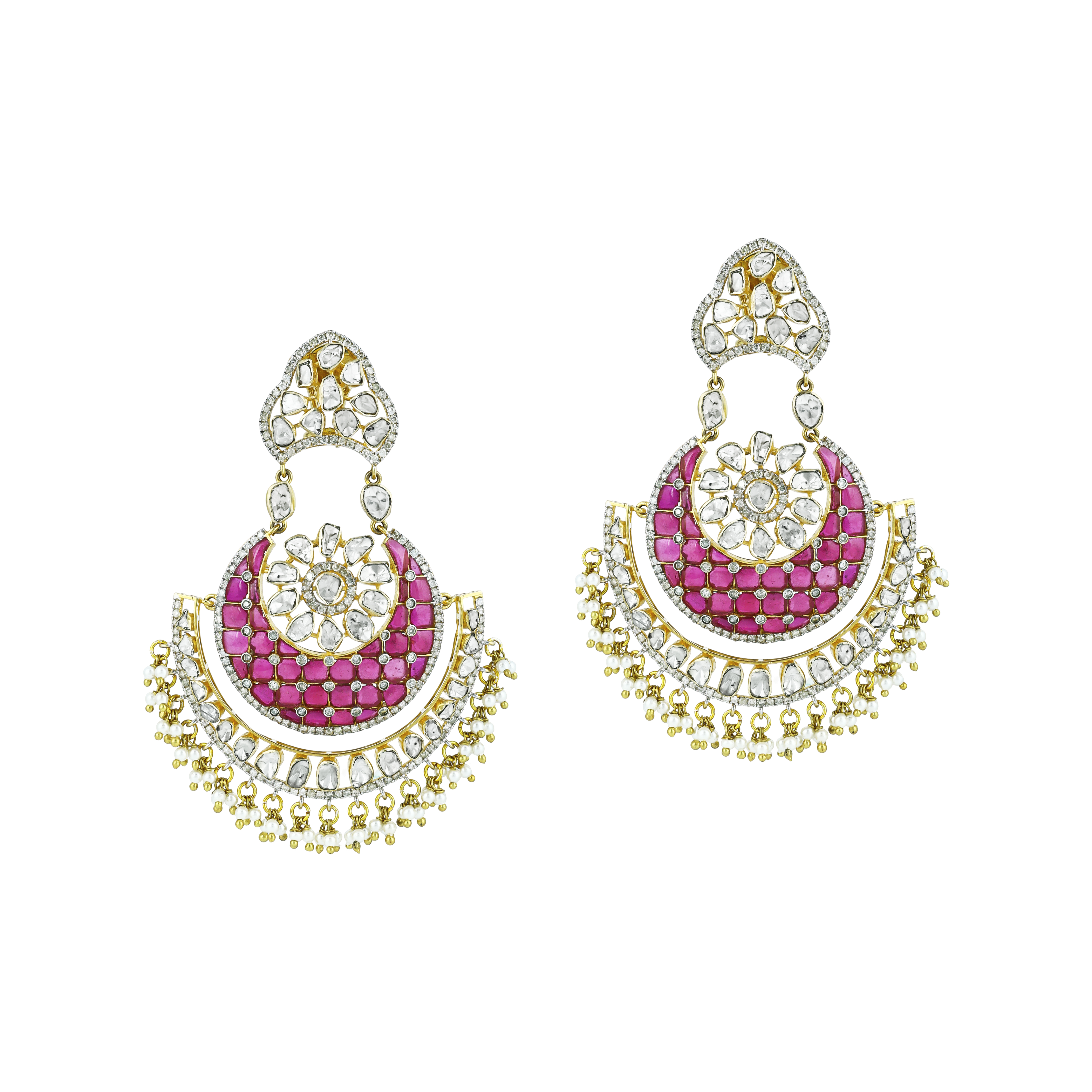 Polki Chandbali Earrings with Red Talaf and Pearls