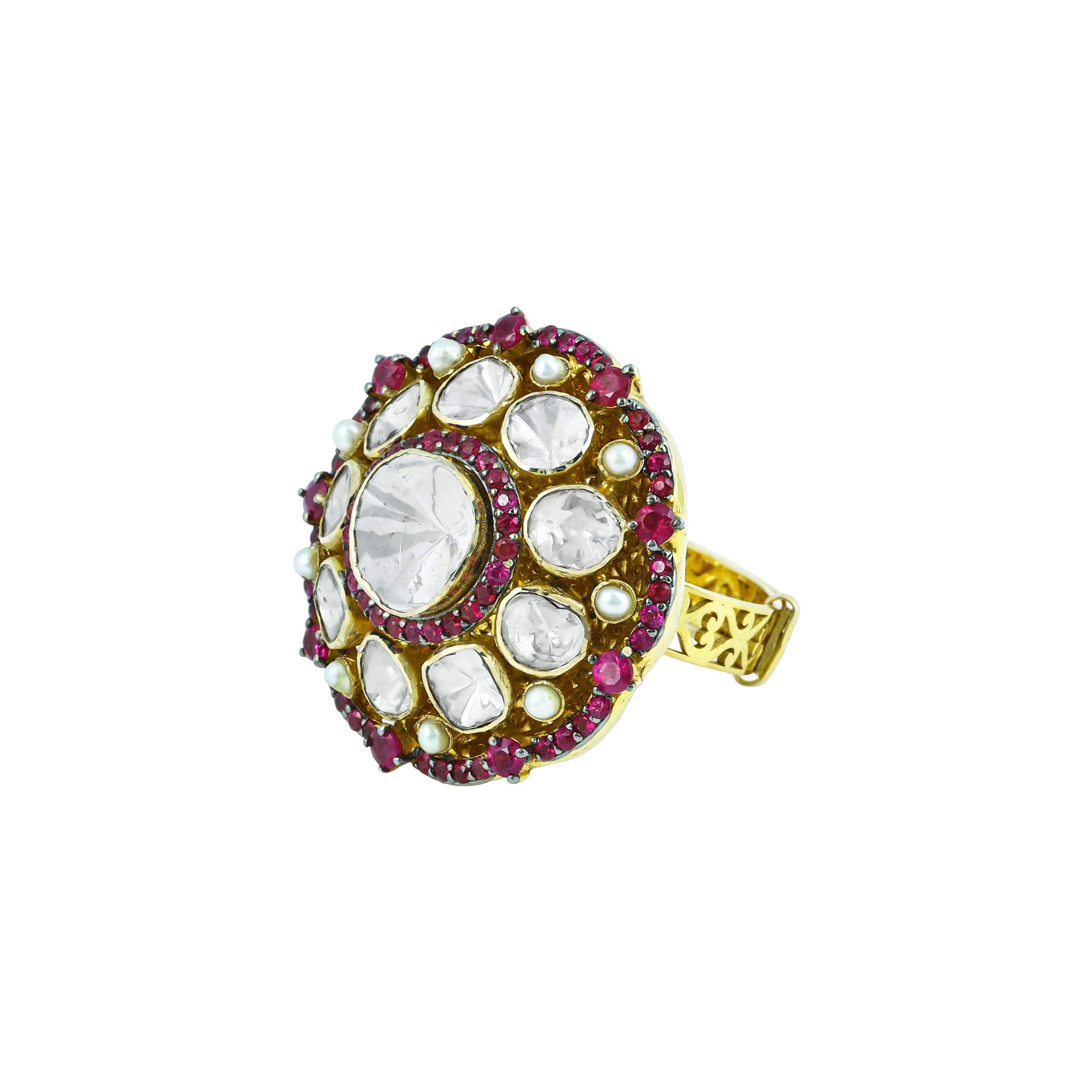 Polki Ring with Red Colourstone and Pearl Halo