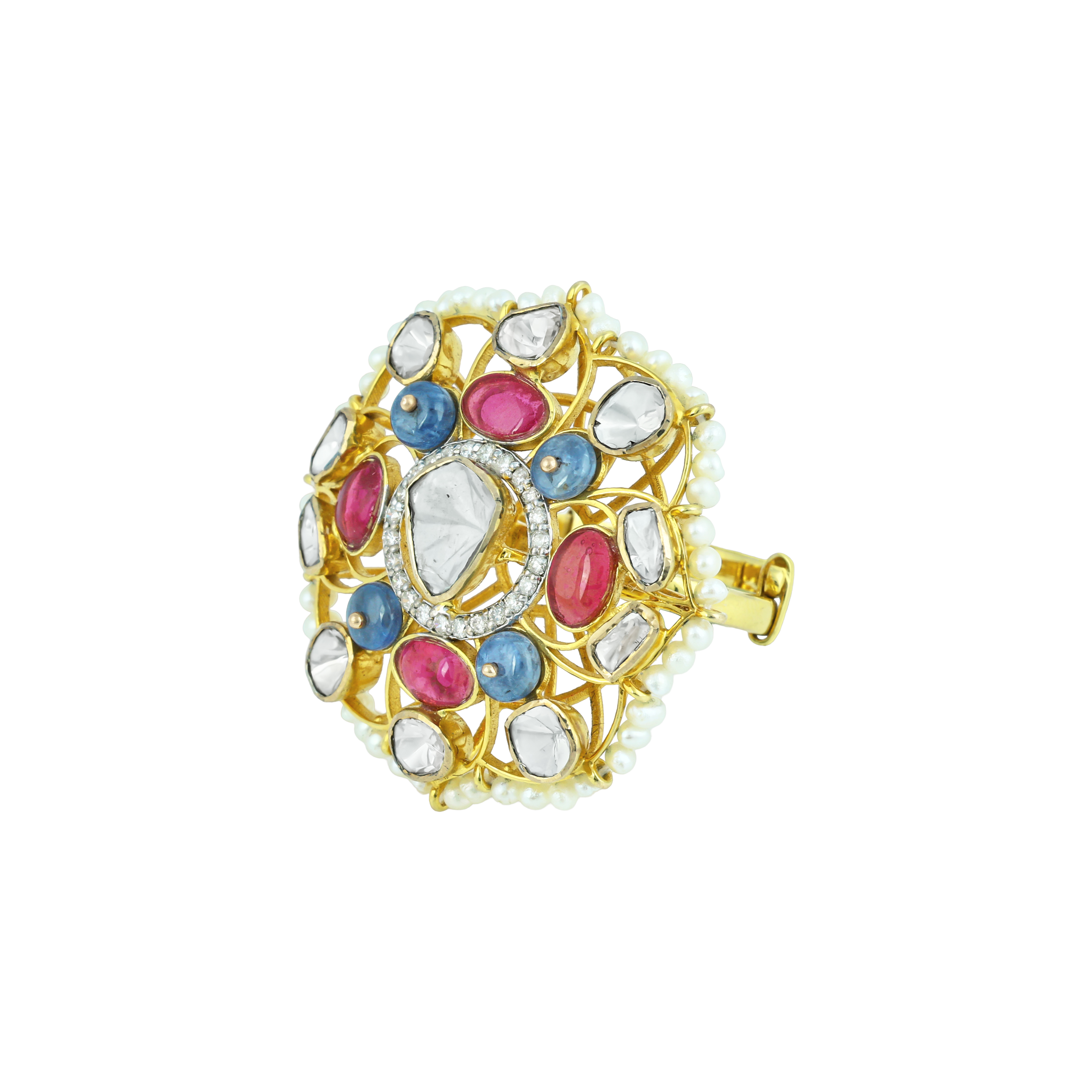 Polki Ring with Red and Blue Gemstones, Diamond Halo, and Pearls
