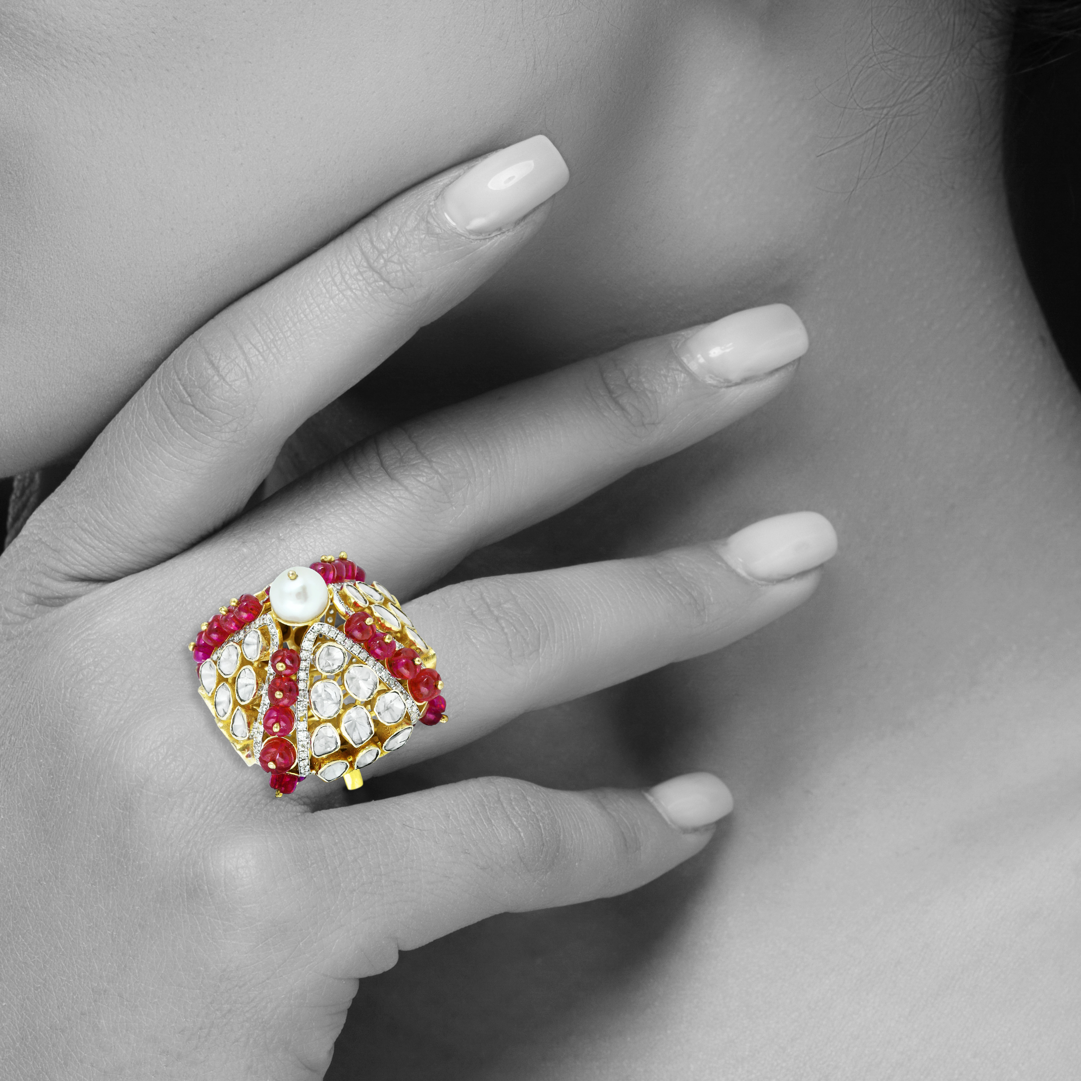 Bold Polki Ring with Central Pearl, Red Beads, and Uncut Diamonds