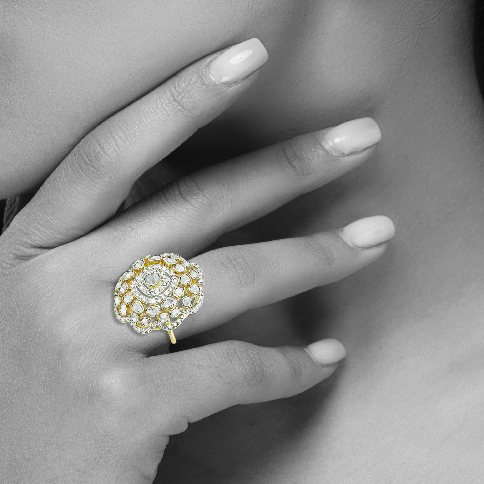 Floral Polki Ring with Radiant Diamond Cluster and Petal Detailing