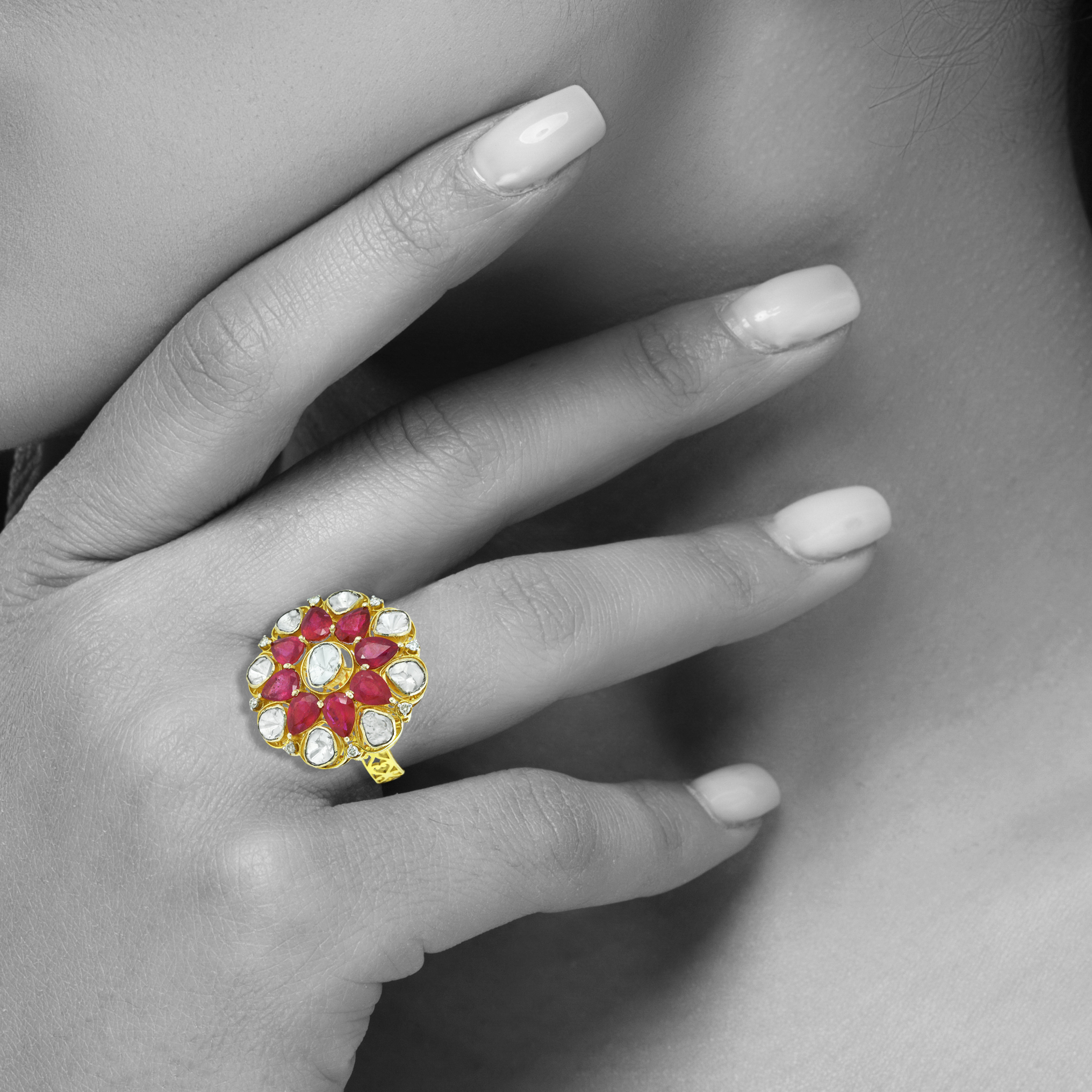 Floral Polki Ring with Central Uncut polki and Red Cut Stone