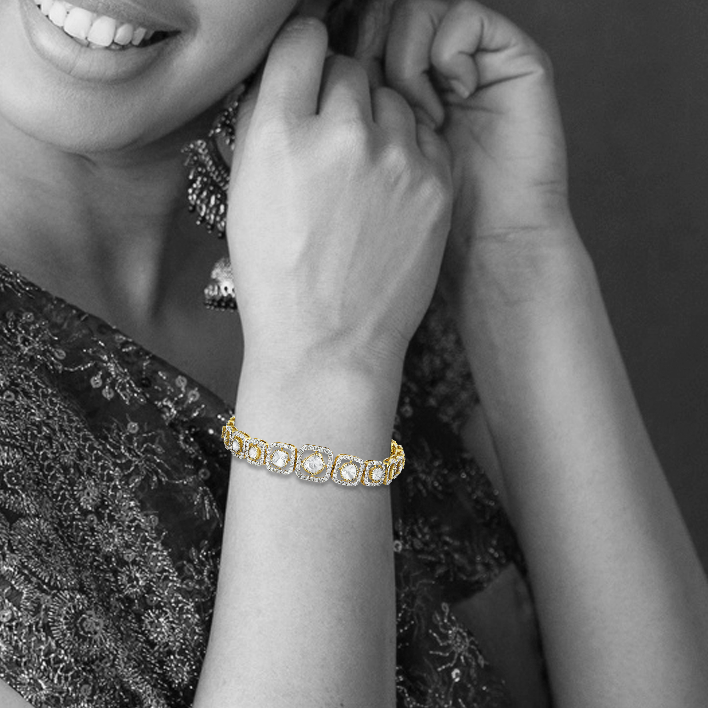 Graduated Polki Bracelet with Diamond Frame