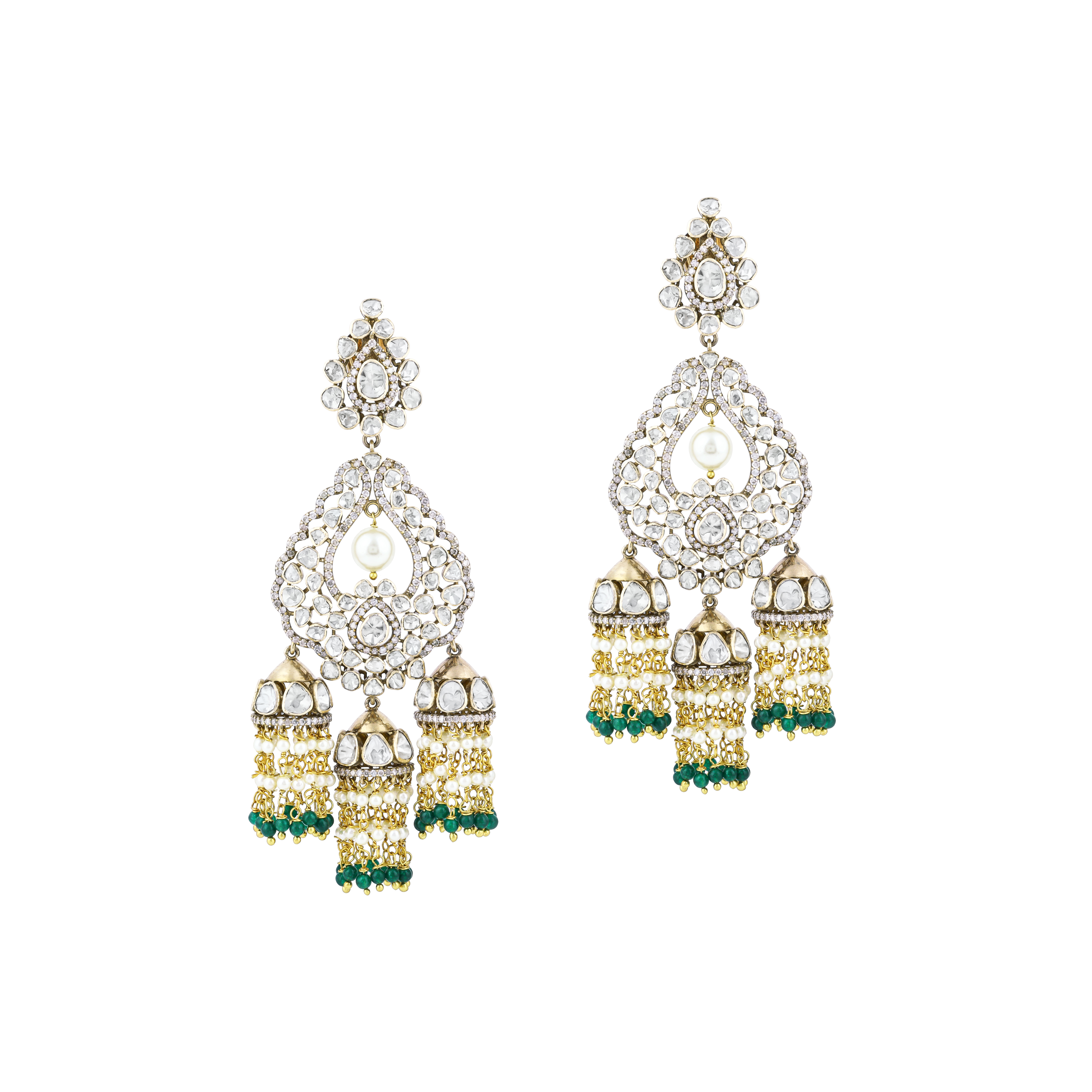 Polki Jhumki Earrings with Pearl Drop, Green Beads, and Diamonds