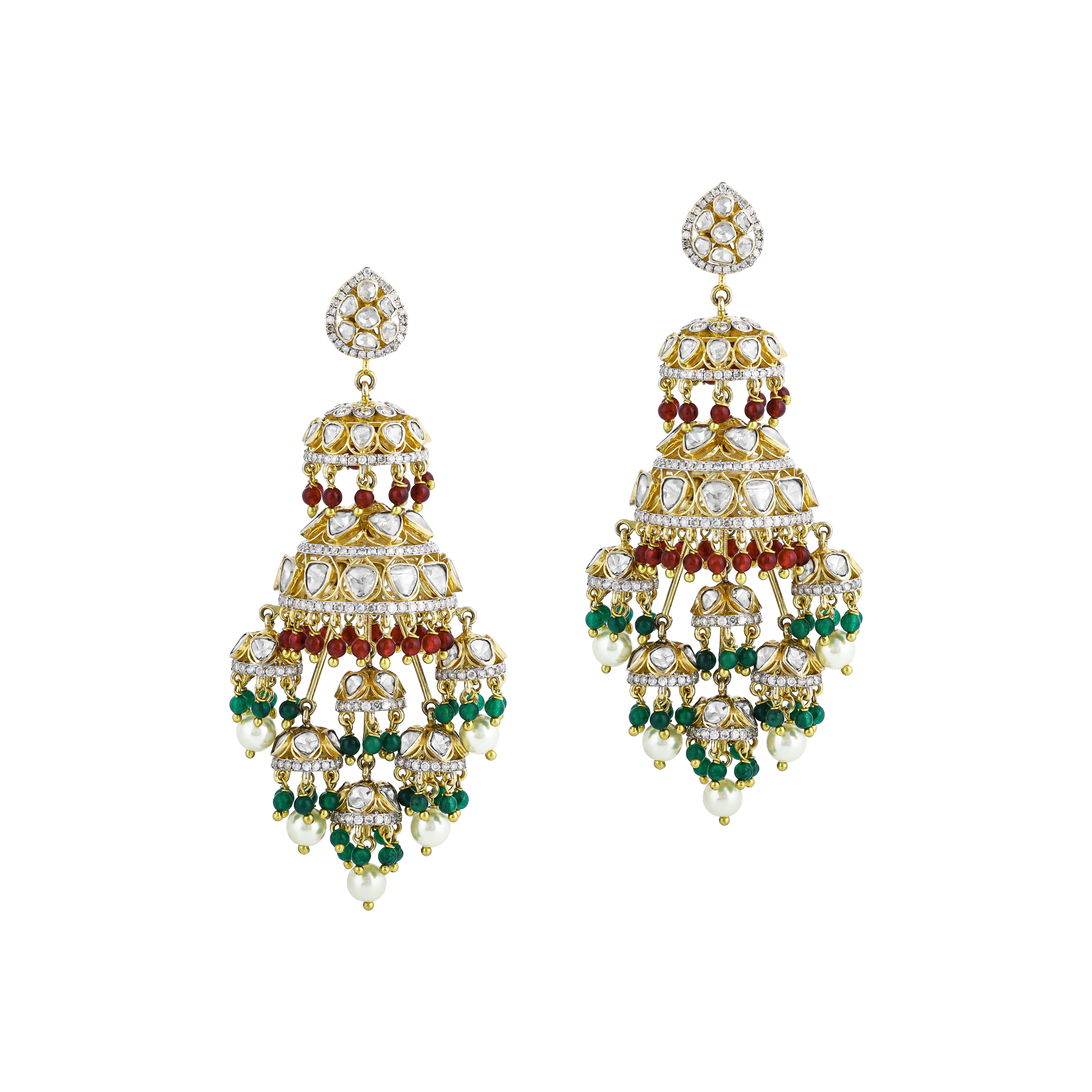 Polki Chandelier Earrings with Green and Red Beads, Pearl Drops