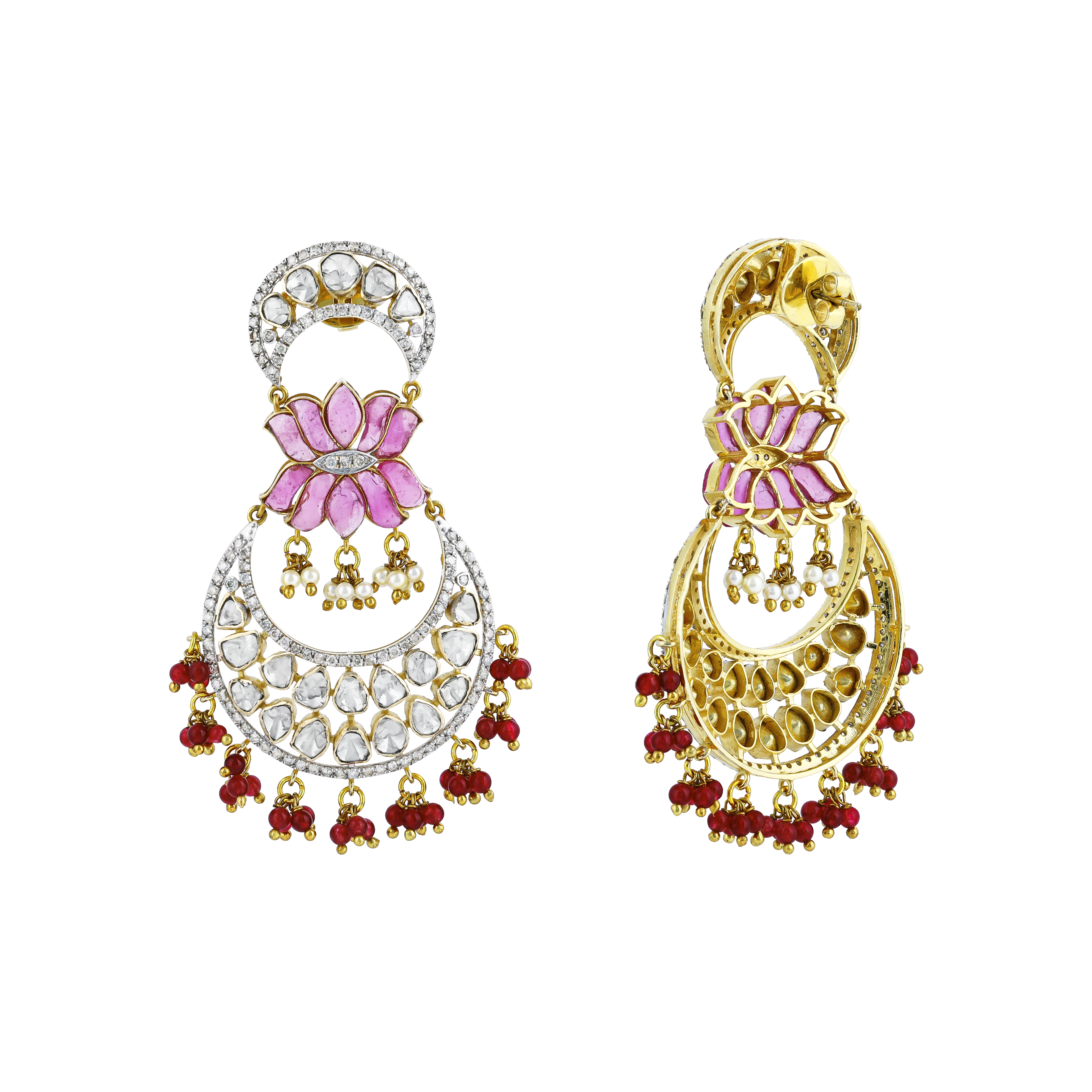 Lotus Polki Earrings with Pink Talaf, Red Drops, and Lotus Design