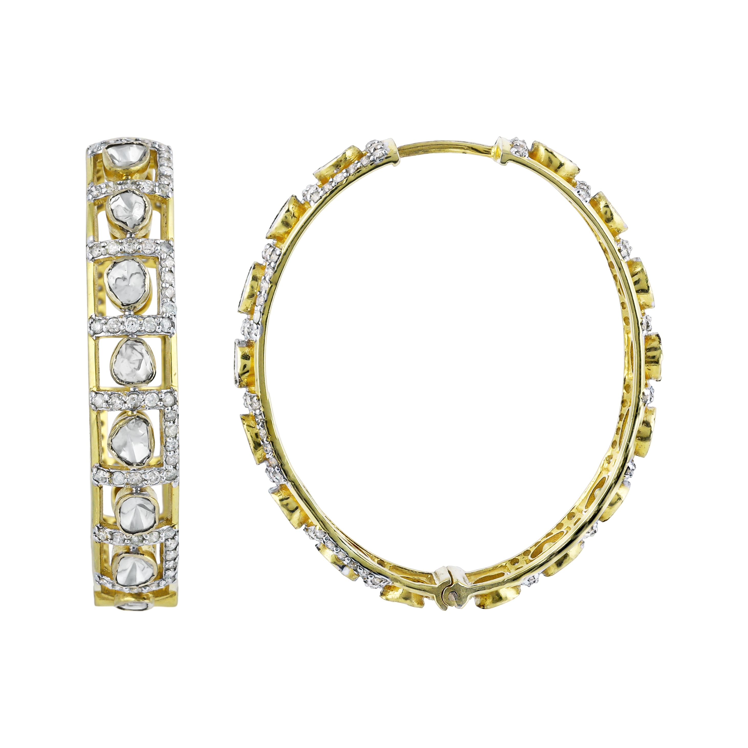 Polki Hoop Earrings with Geometric Linear Design