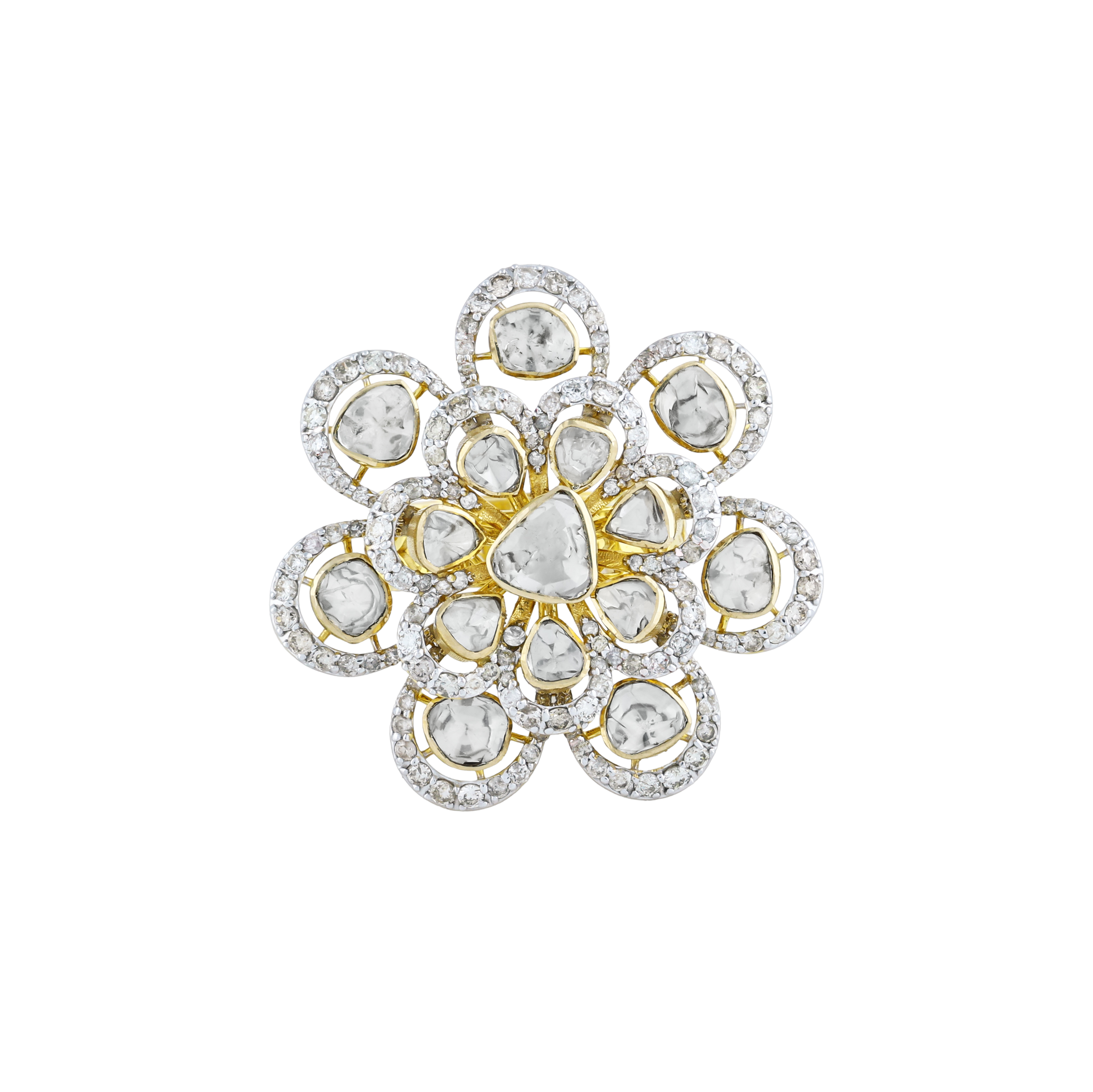 Full White Floral Polki Ring with Diamond Halo