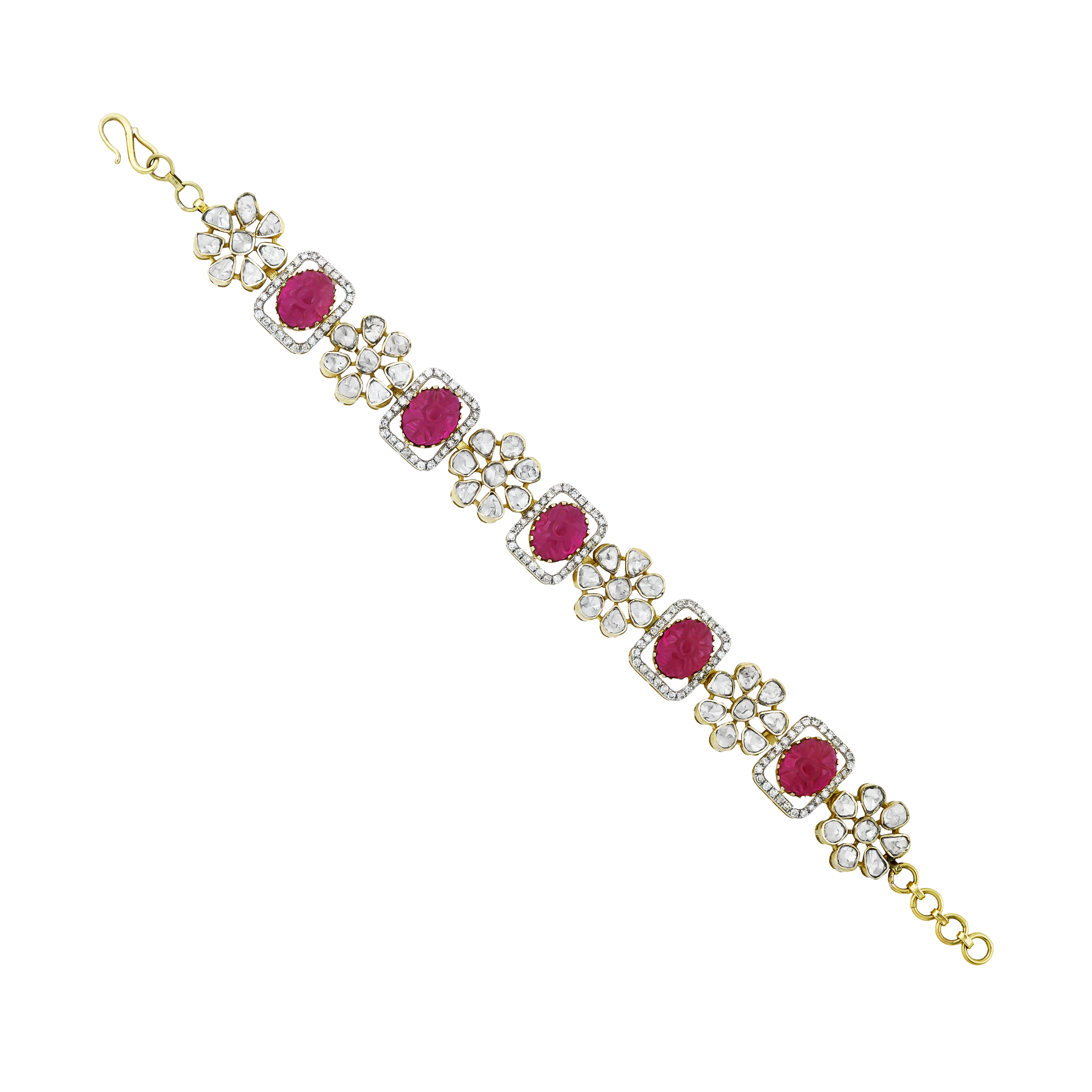 Red Colourstone Polki Bracelet with Diamond Halo and Floral Motifs