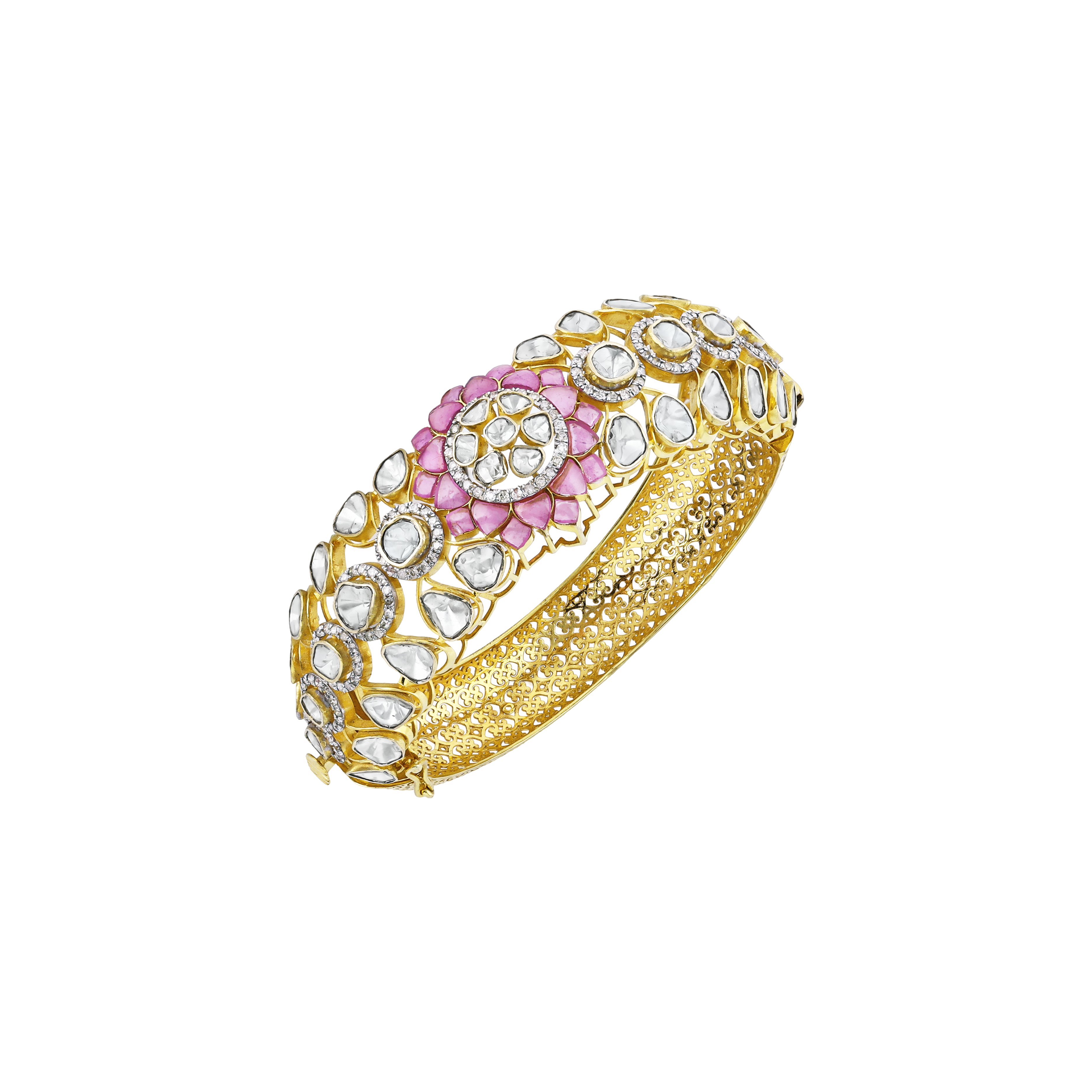 Bangle with Polki and Pink Talaf Floral Motif