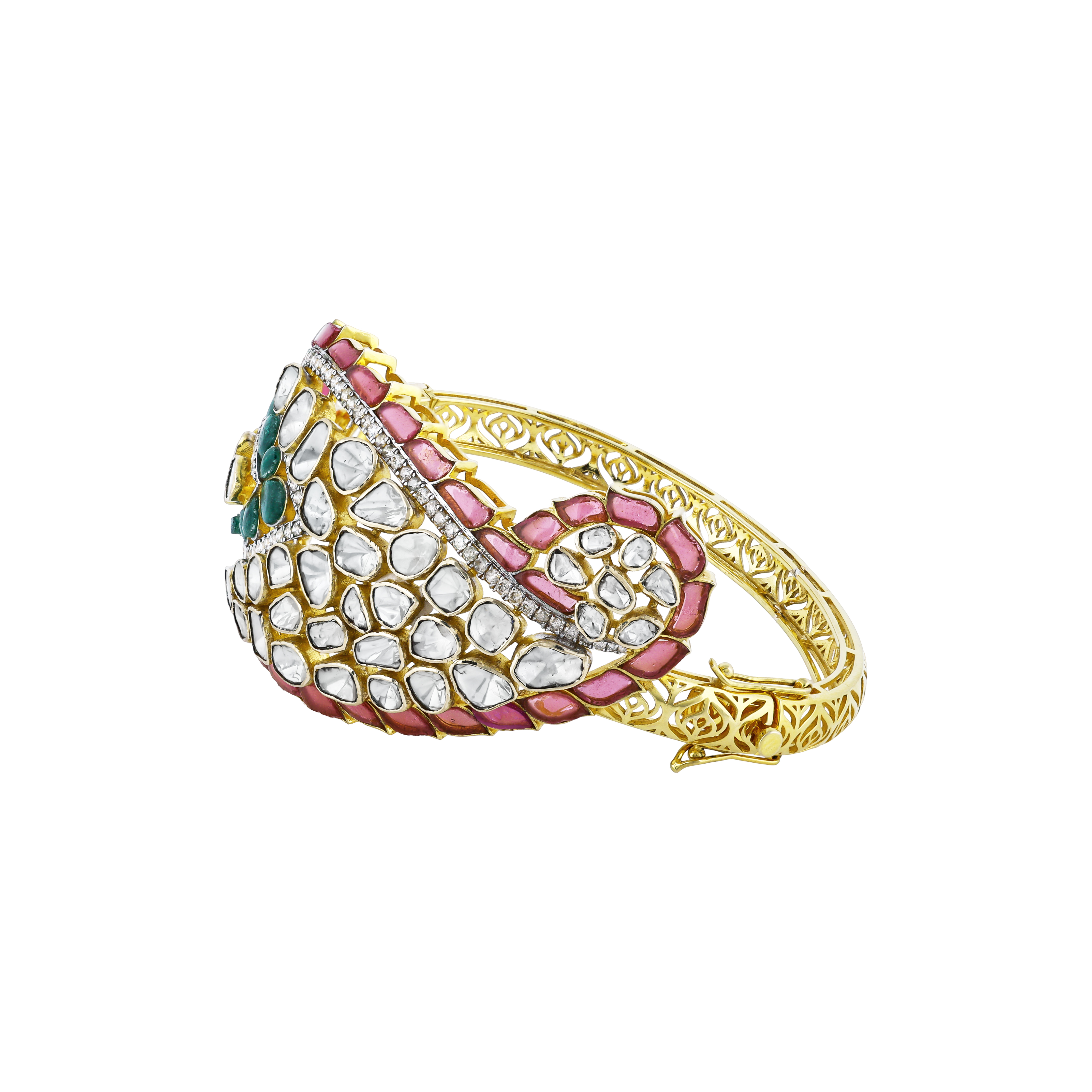 Bud-Inspired Polki Bangle with Green and Red Talafs