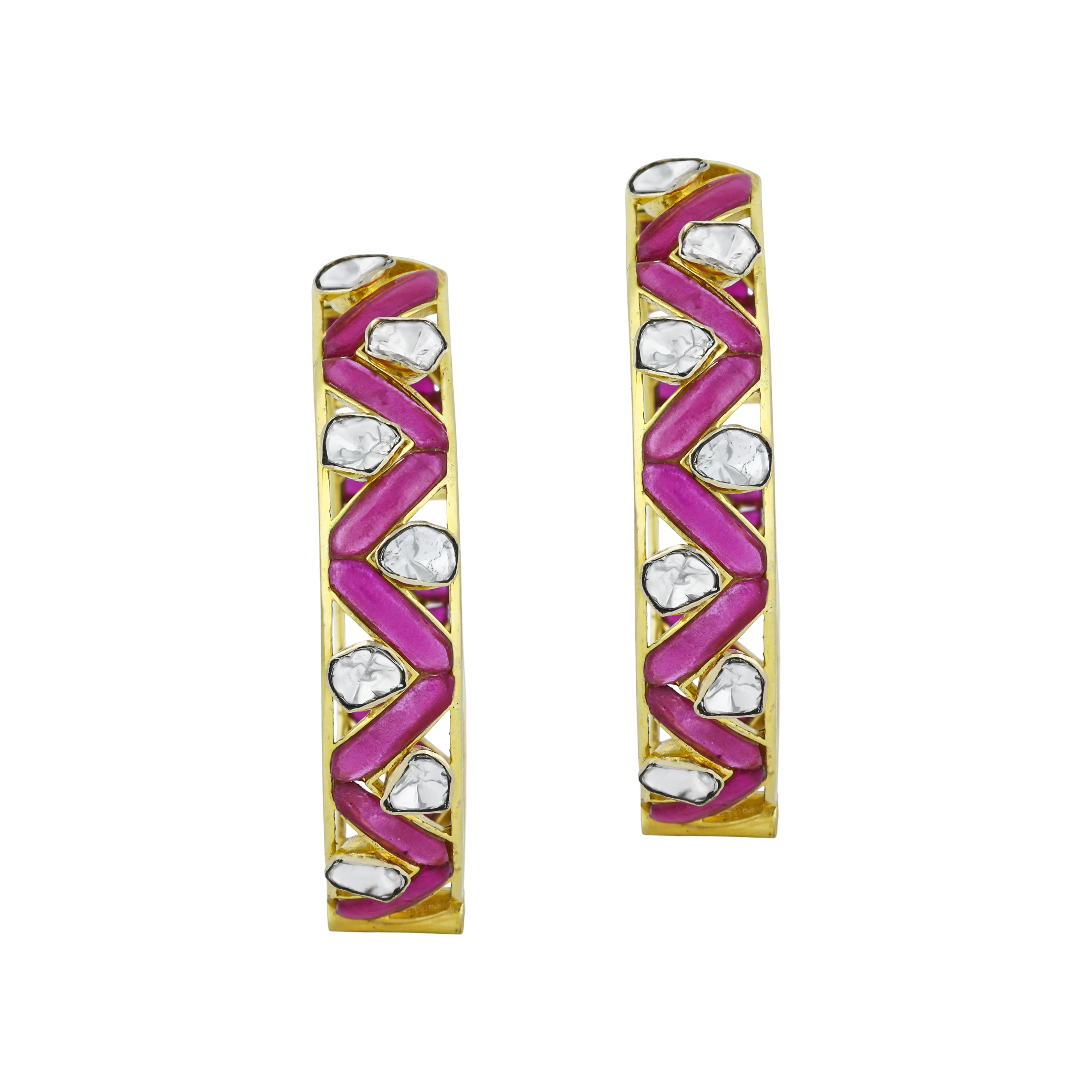 Zigzag Polki Hoop Earrings with Pink Talaf