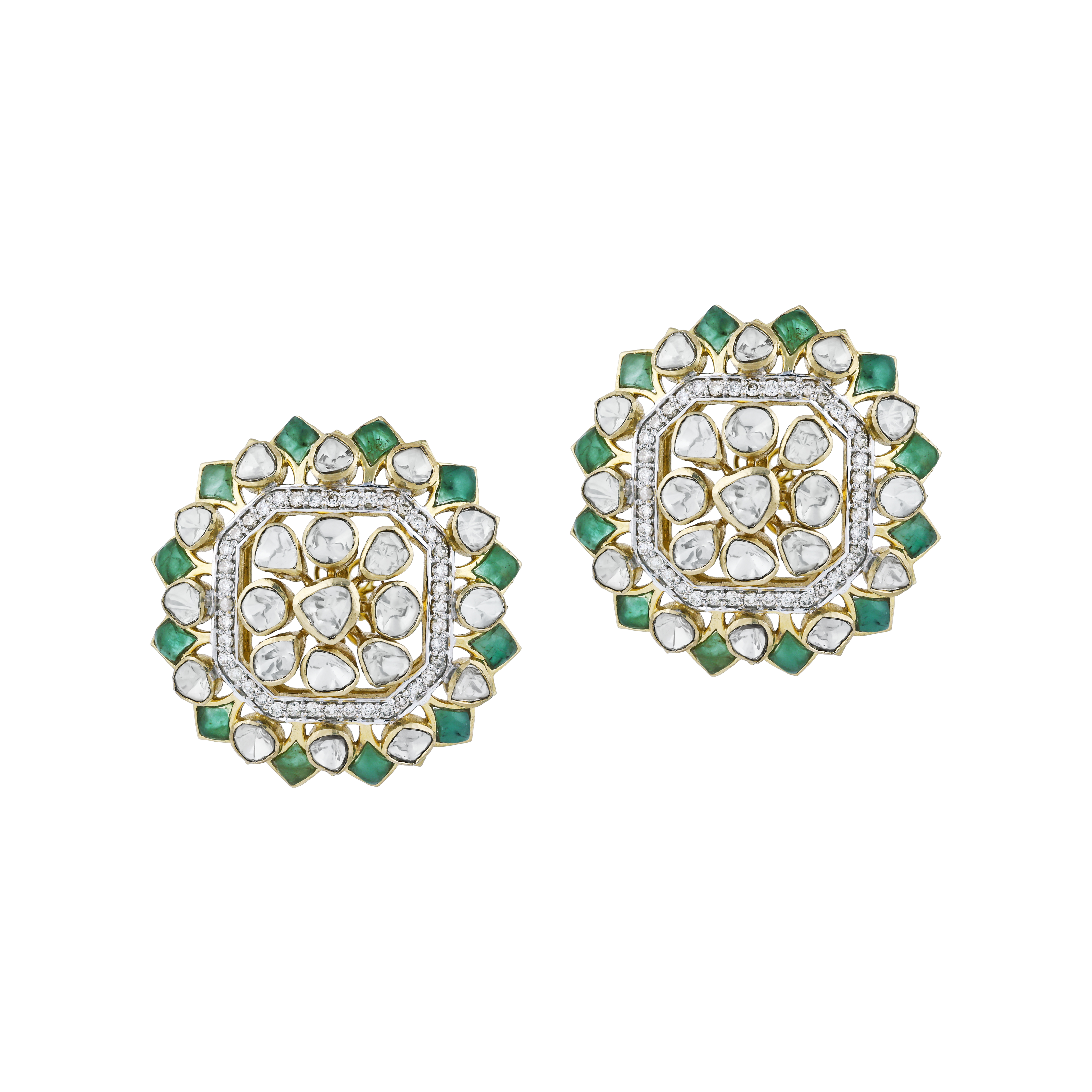 Round Polki Earrings with Green Talaf and Diamond Border