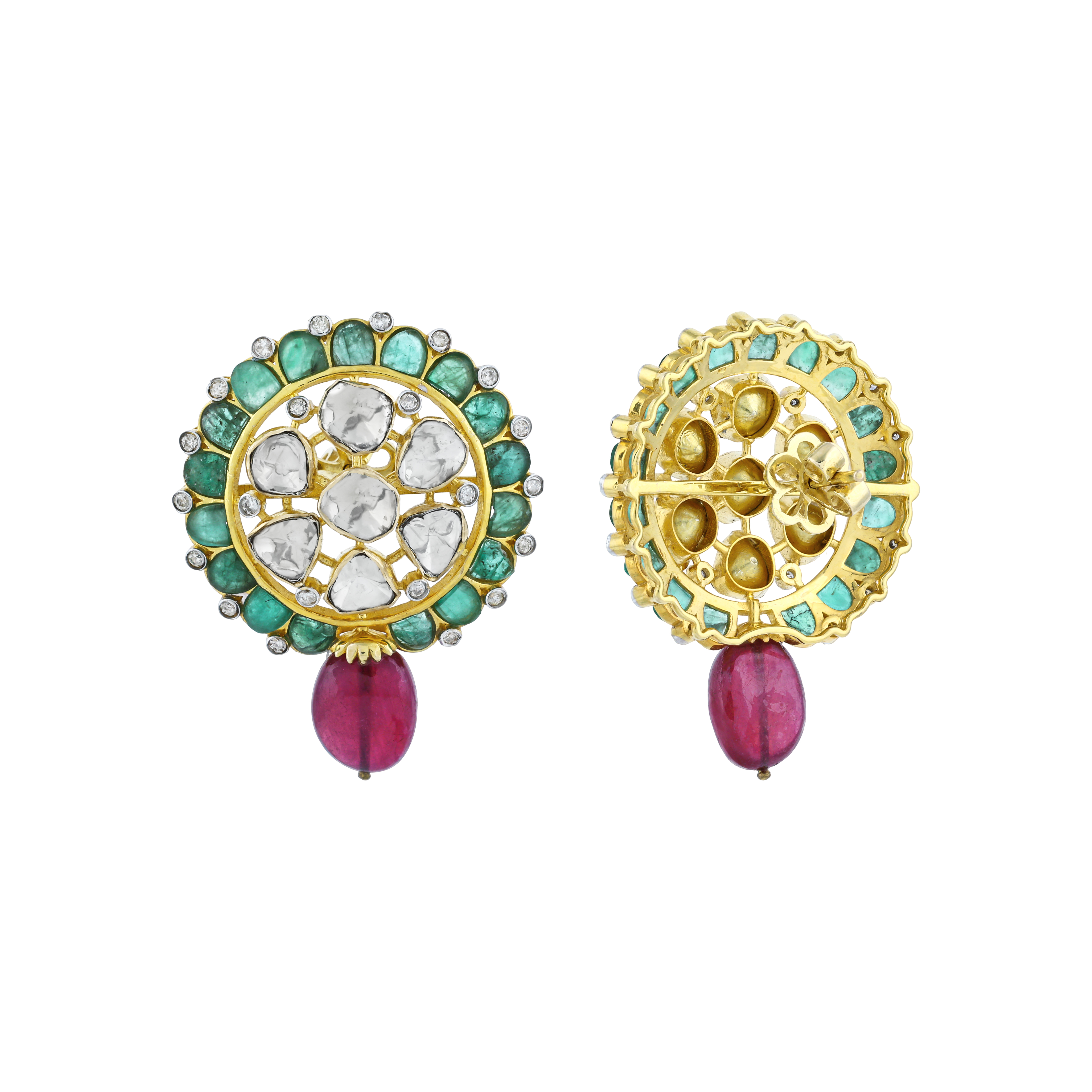 Round Polki Earrings with GreenTalaf and Red Colour bead