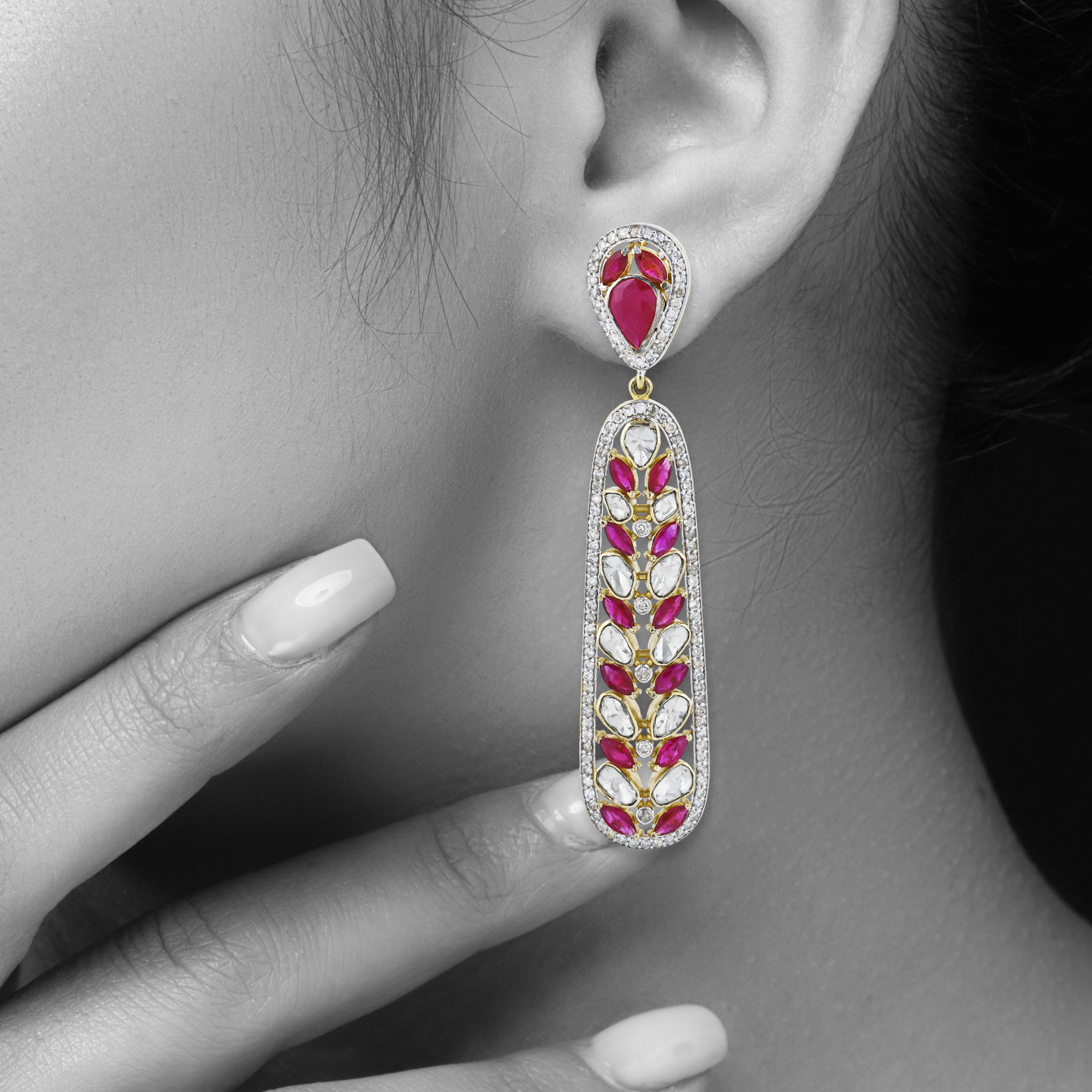Leaf Pattern Polki Earrings with Red Cut Stone and Diamond Border