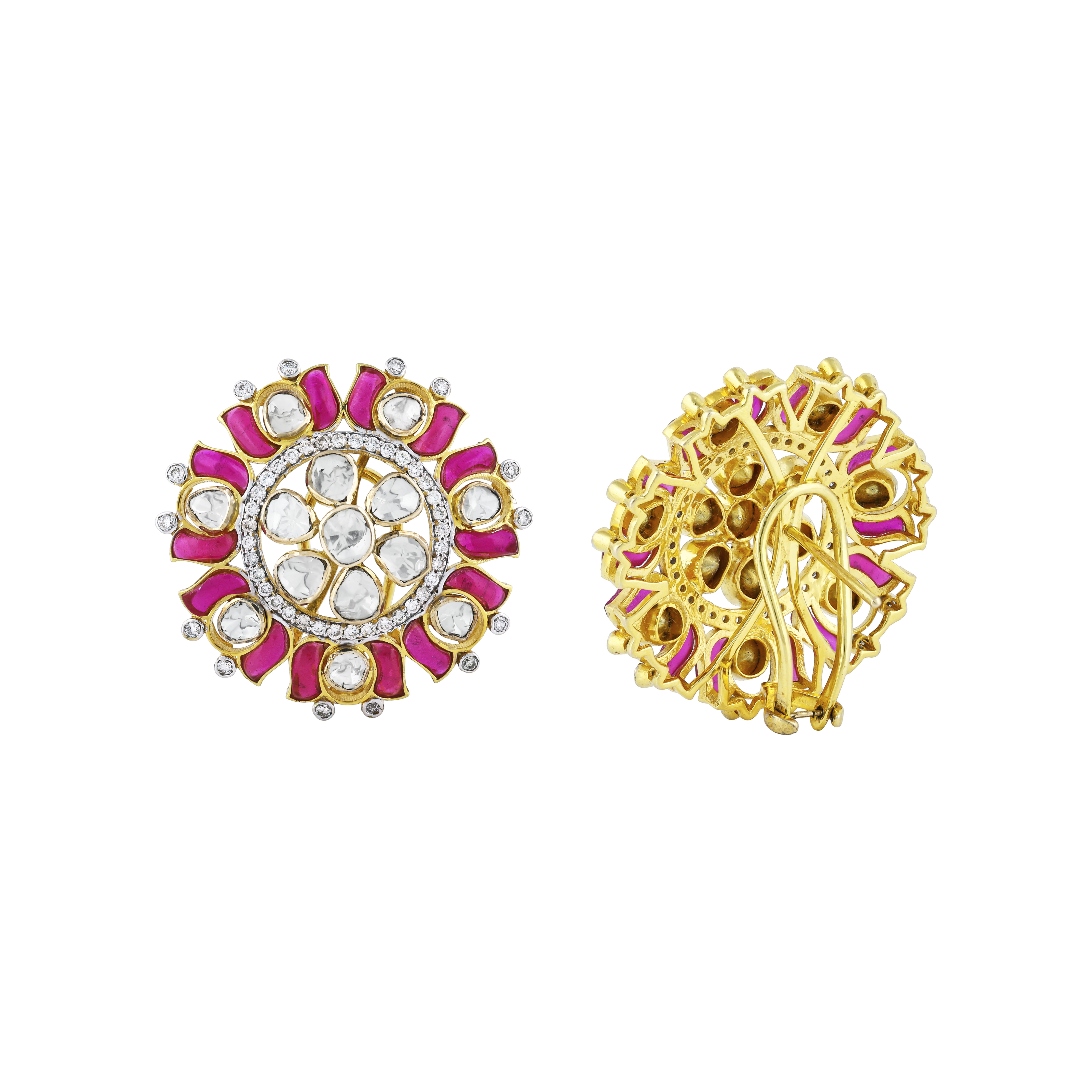 Lotus-Inspired Polki Earrings with Pink and Green Talaf