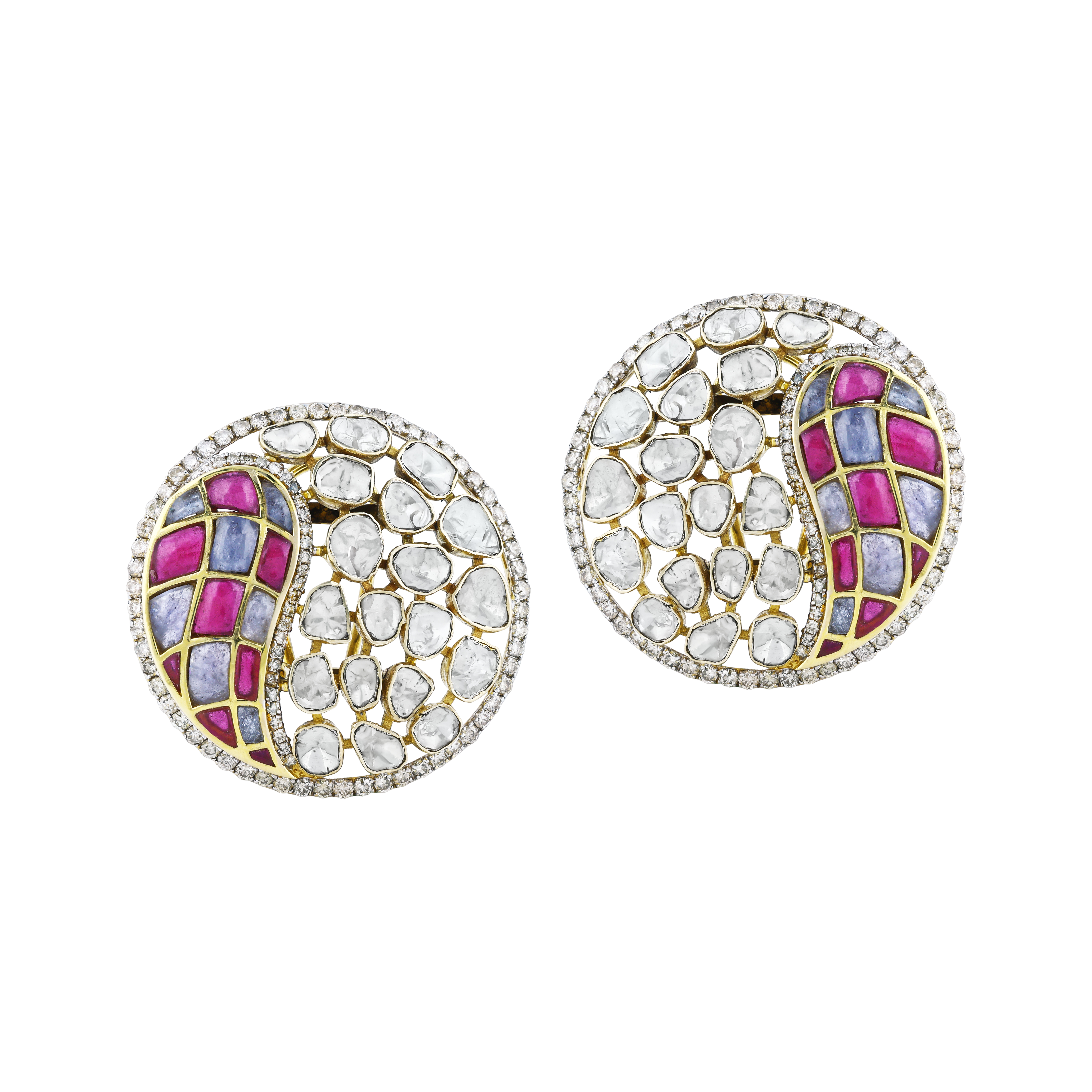Polki Earrings with Pink and Purple Talaf in Circular Design
