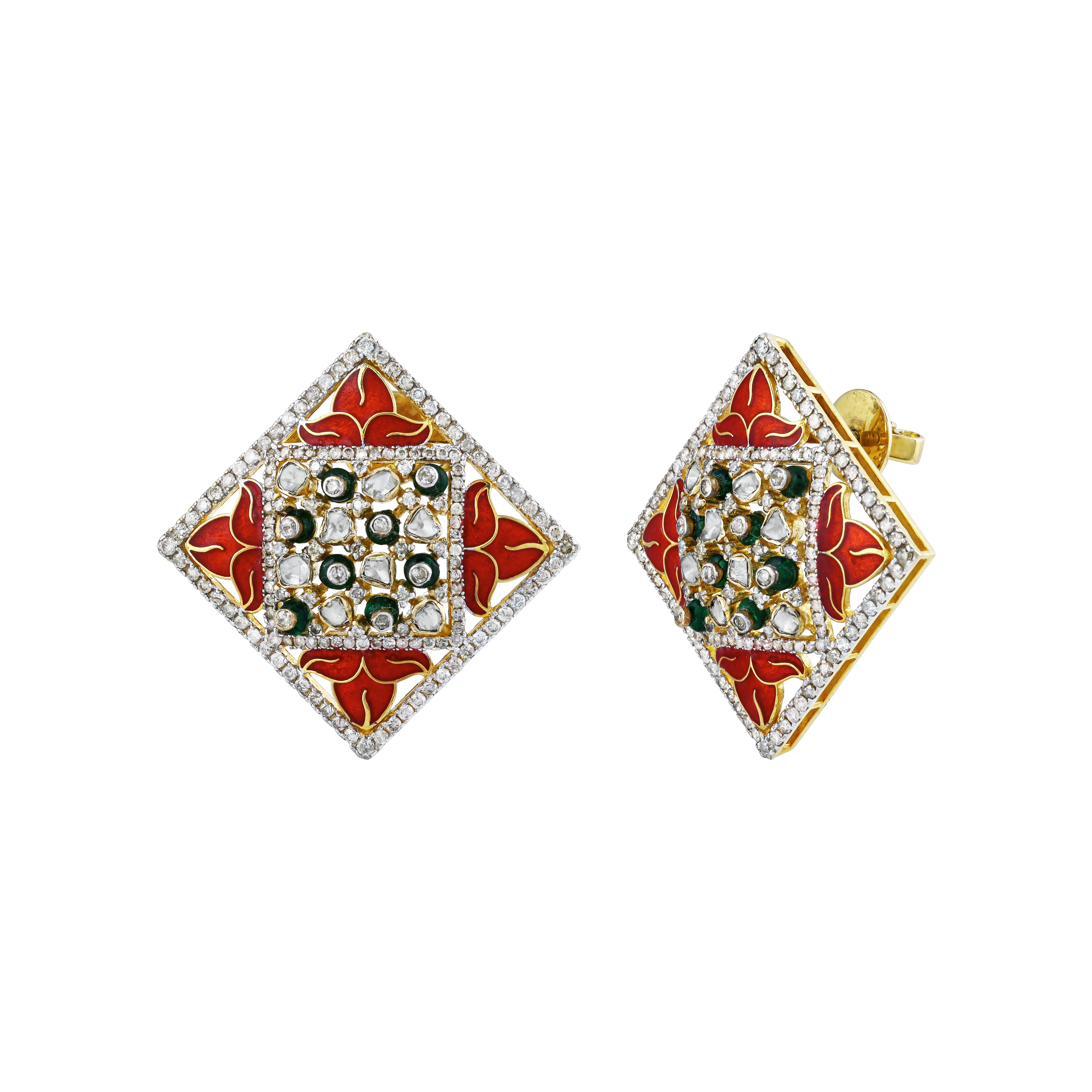Geometric Polki Stud Earrings with Enamel and Diamonds