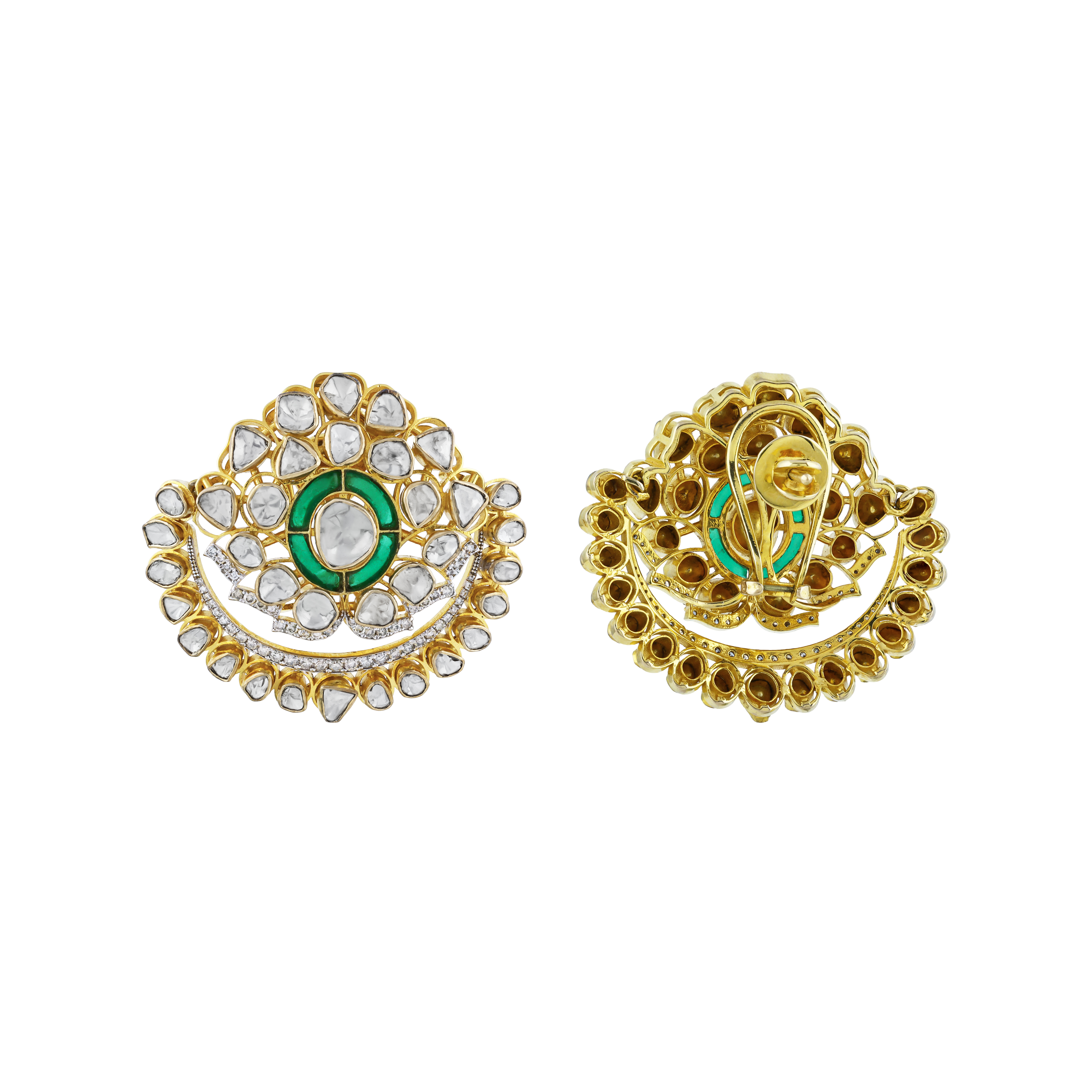 Polki Floral Earrings with Green Talaf Center and Diamonds