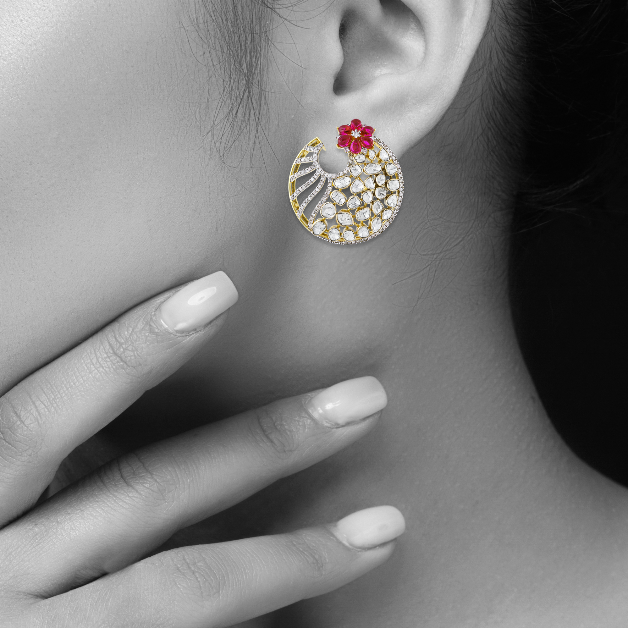 Circular Polki Earrings with Red Flower and Diamonds