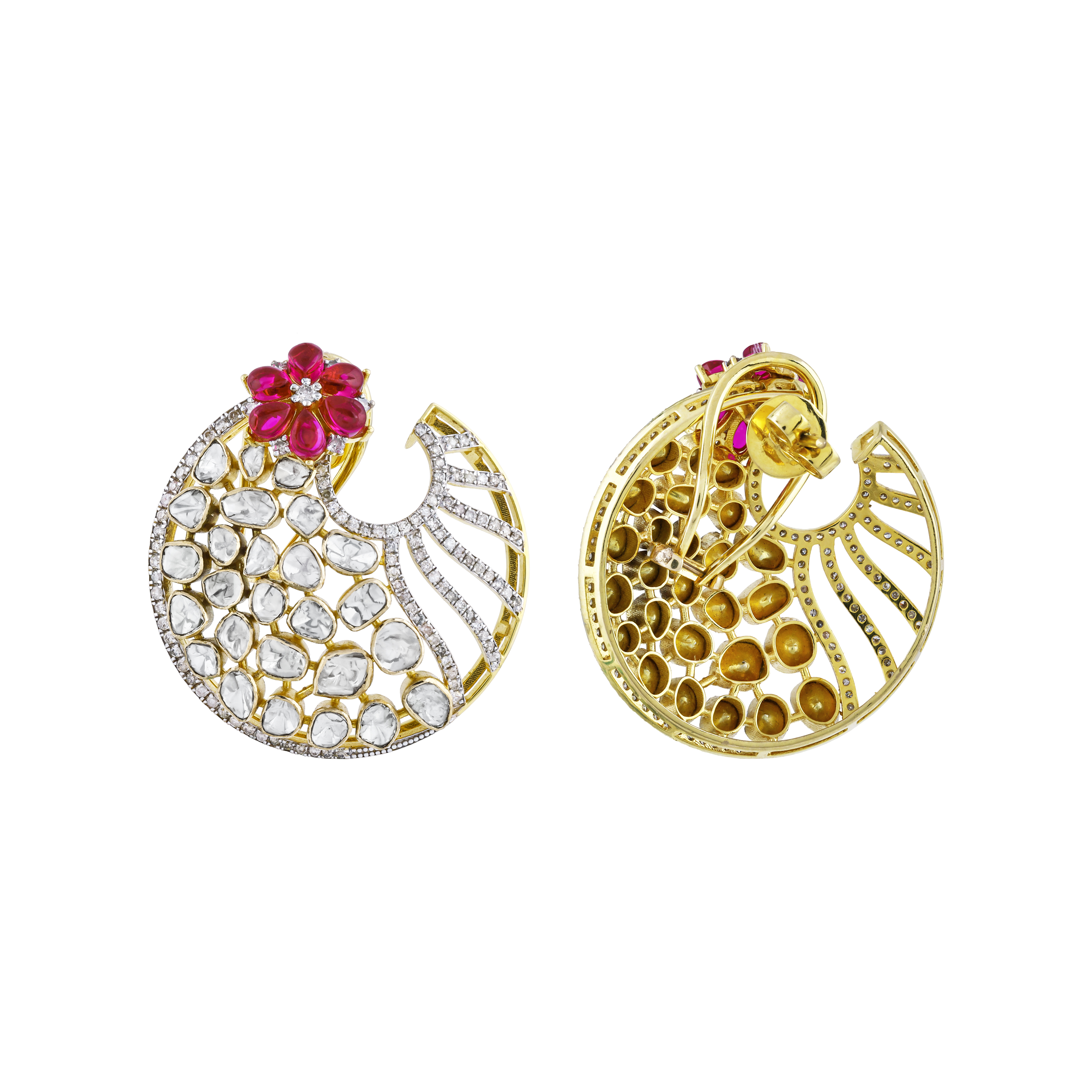 Circular Polki Earrings with Red Flower and Diamonds