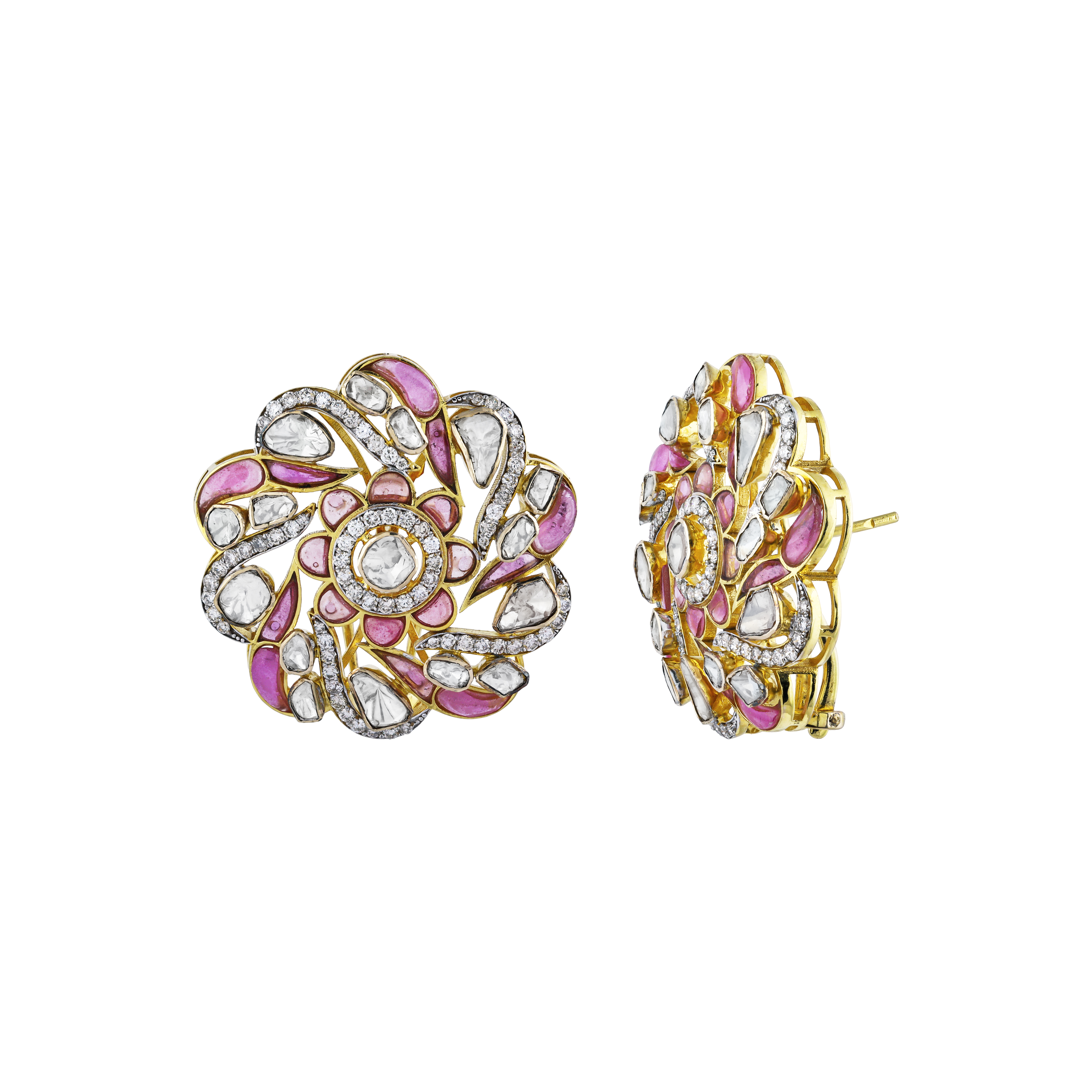 Floral Polki Earrings with Pink Talaf and Swirl Design