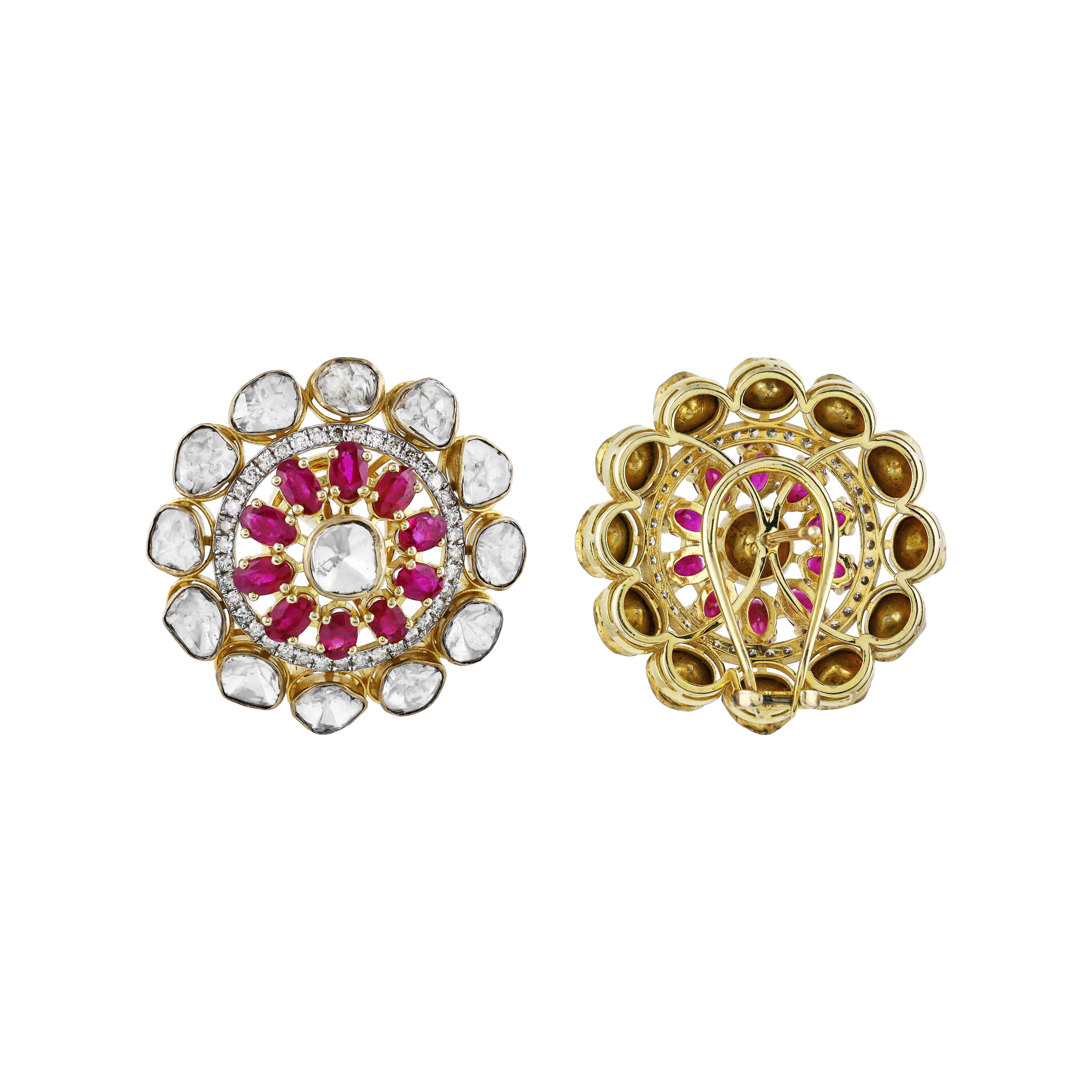 Polki Earrings with Vivid Pink Colour Stone and Diamonds