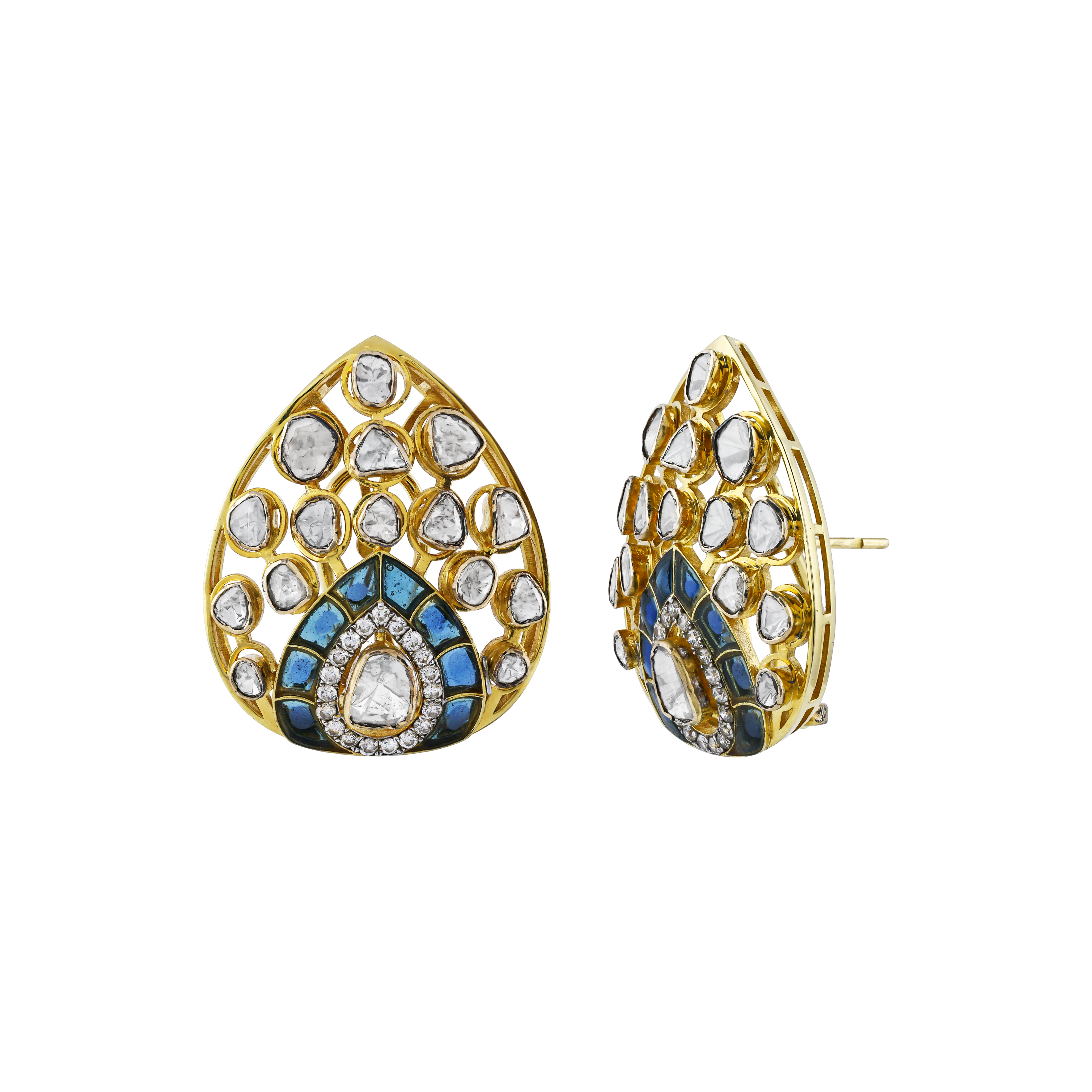 Teardrop Earrings with Polki Diamonds and Blue Talaf