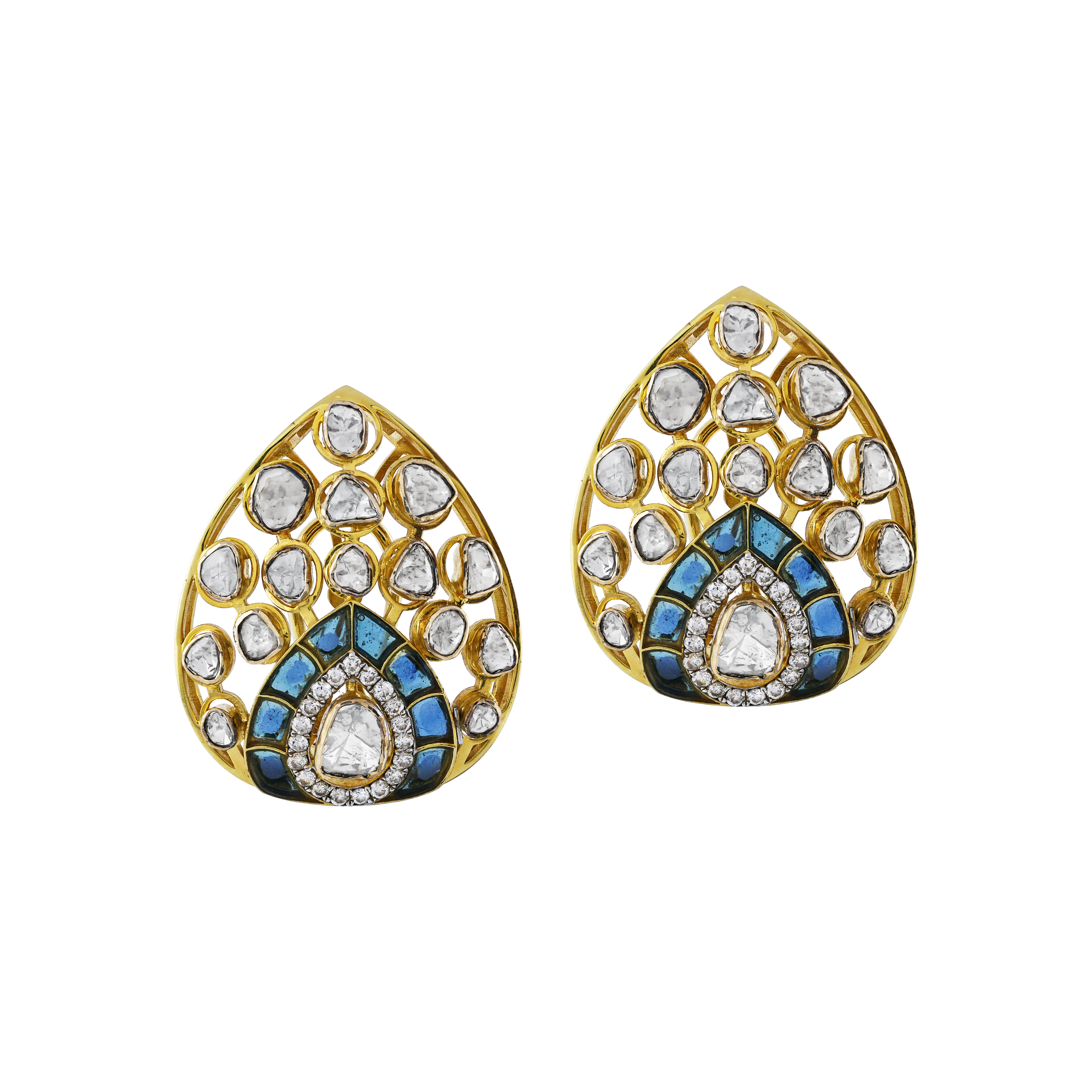 Teardrop Earrings with Polki Diamonds and Blue Talaf