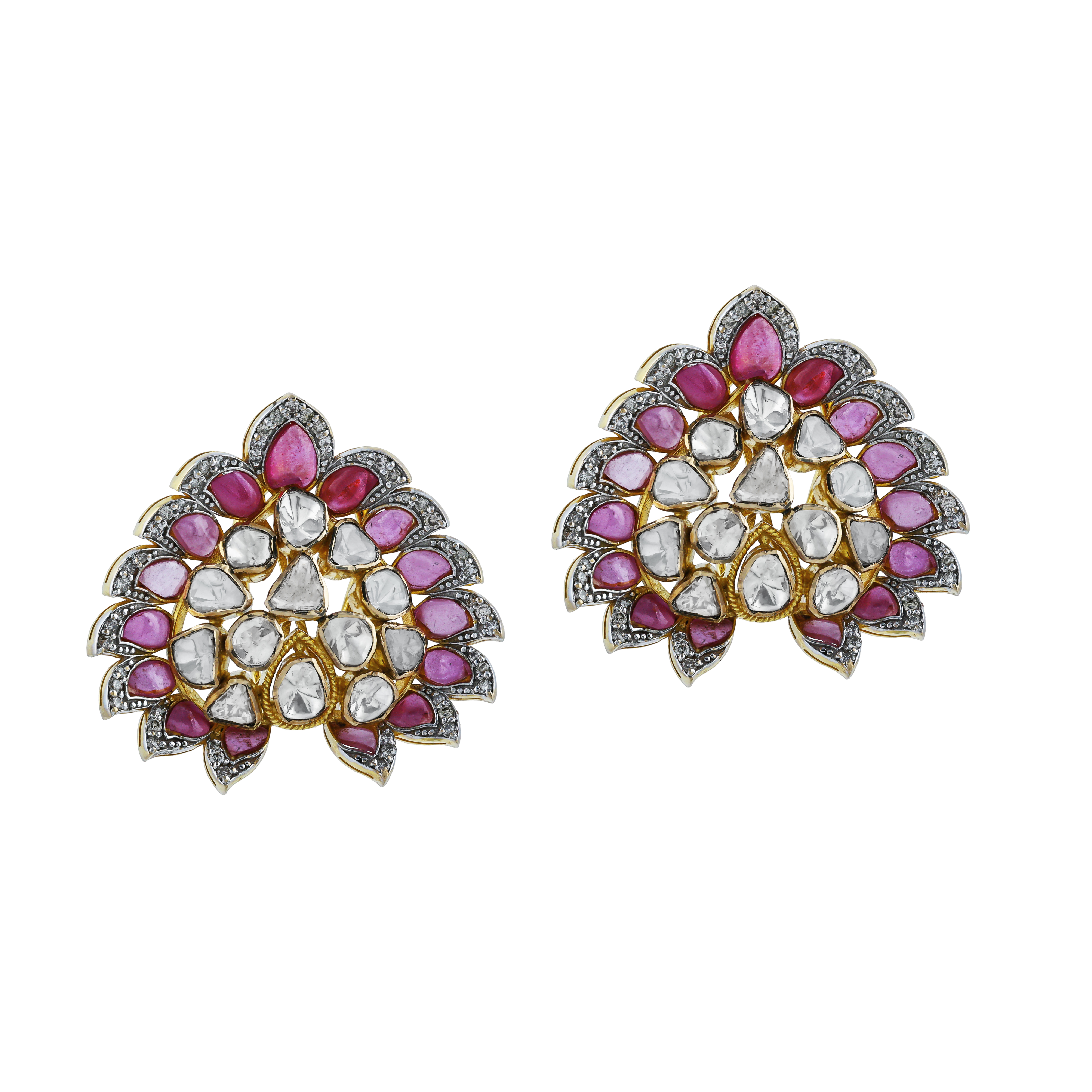 Polki Earrings with Pink Stone Petals and Diamond Accents