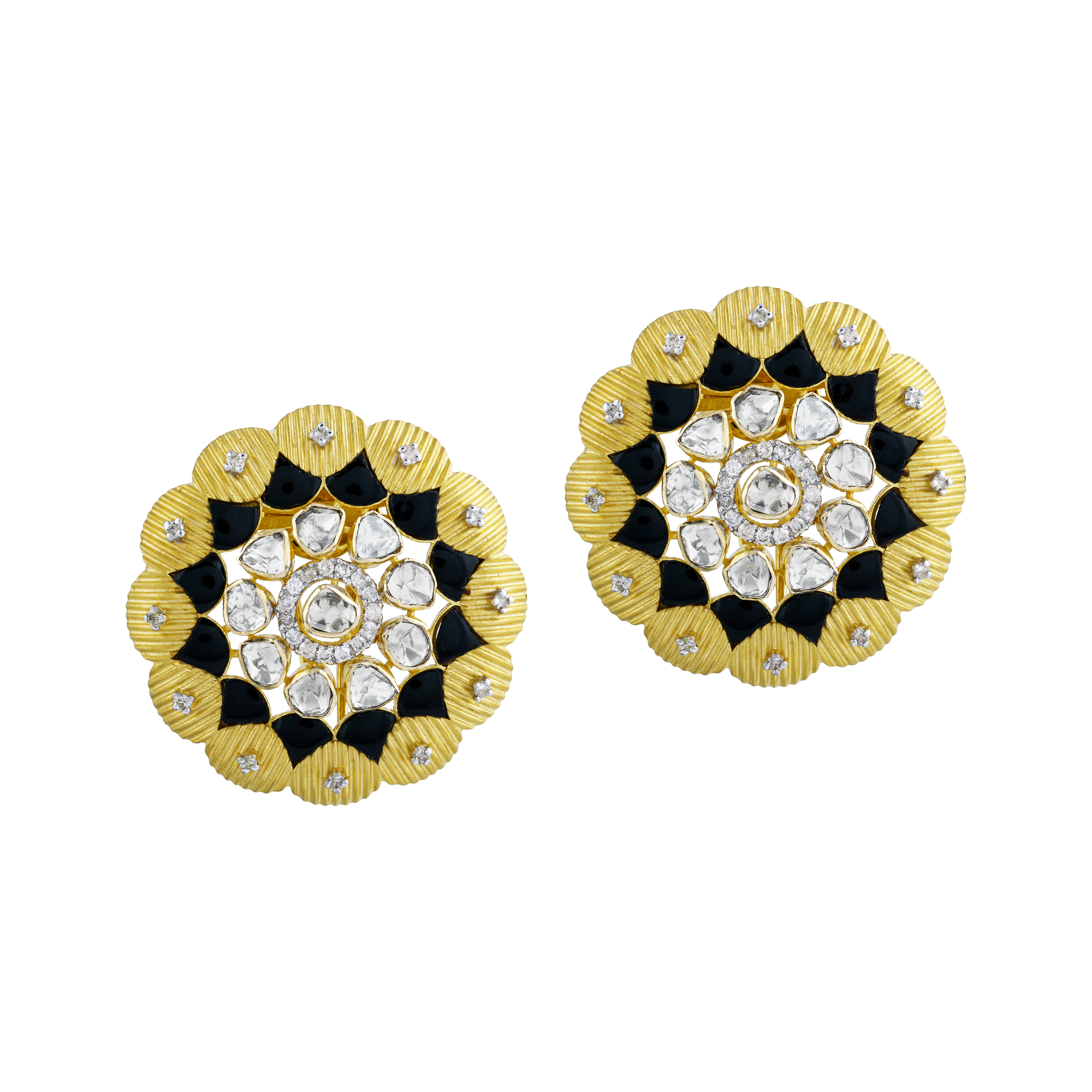 Floral-Inspired Earrings with Uncut Diamonds and Black Enamel