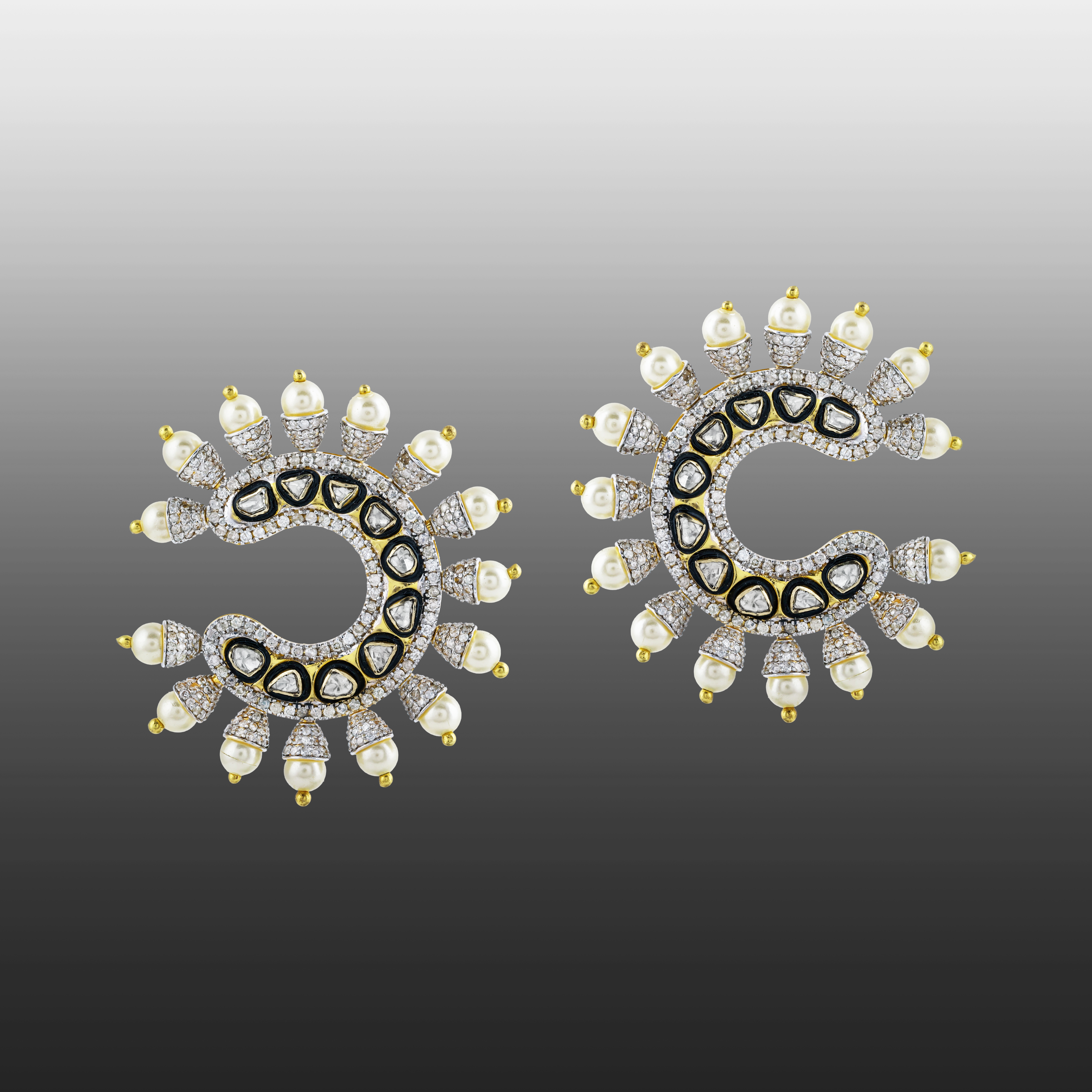 Crescent-Shaped Polki Earrings with Black Enamel, Diamonds and Pearls