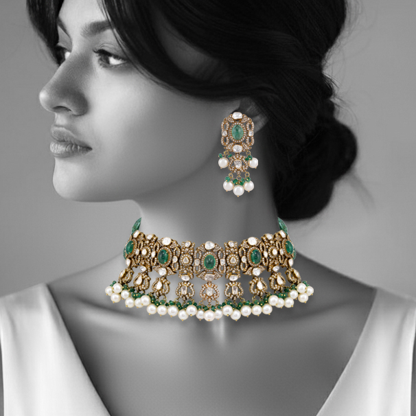 Antique Polki Choker Set with Emeralds , Diamonds and Pearl Clusters