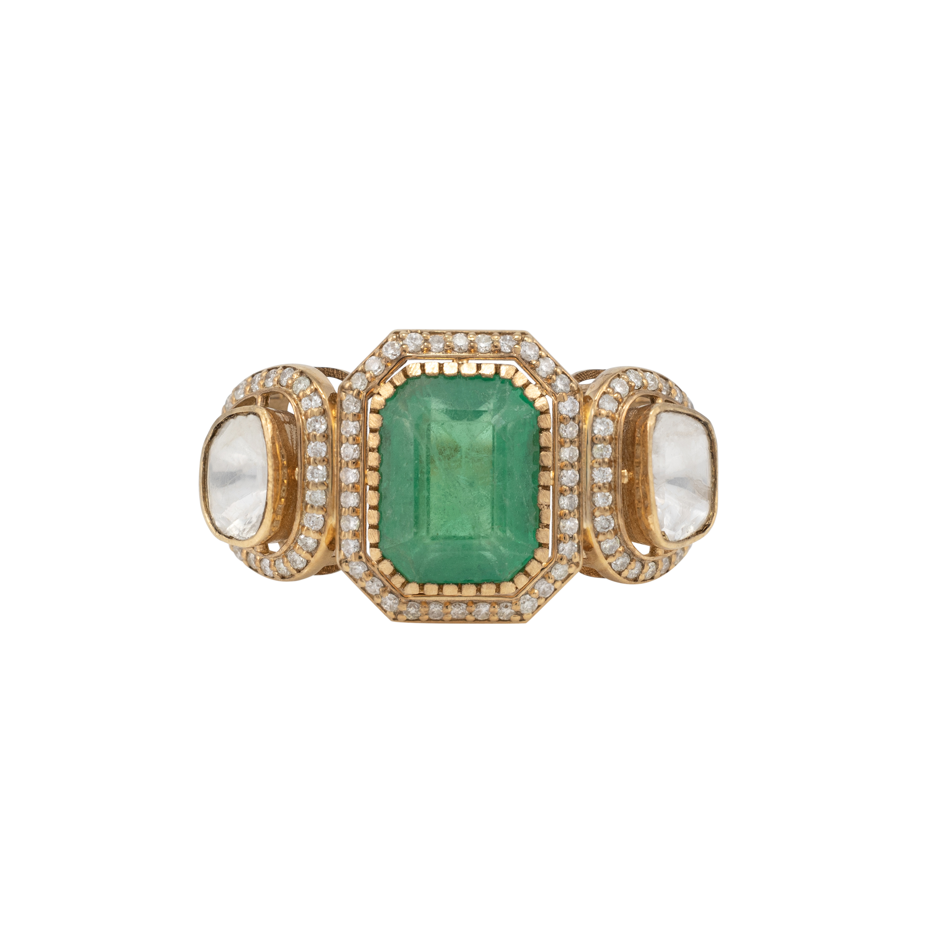 Emerald Polki Ring with Diamond Halo