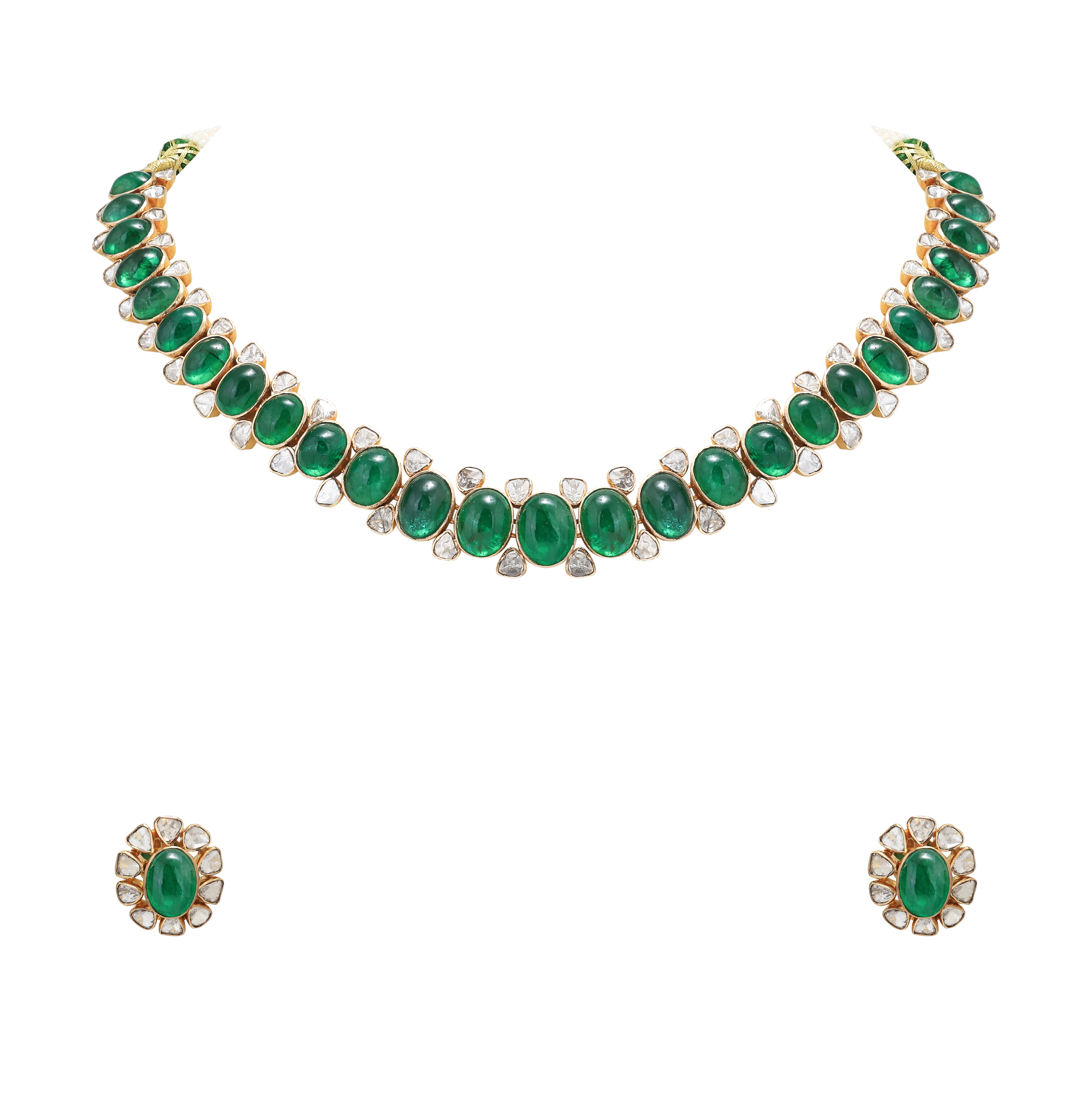 Emerald Cabochon Polki Necklace with Floral Stud