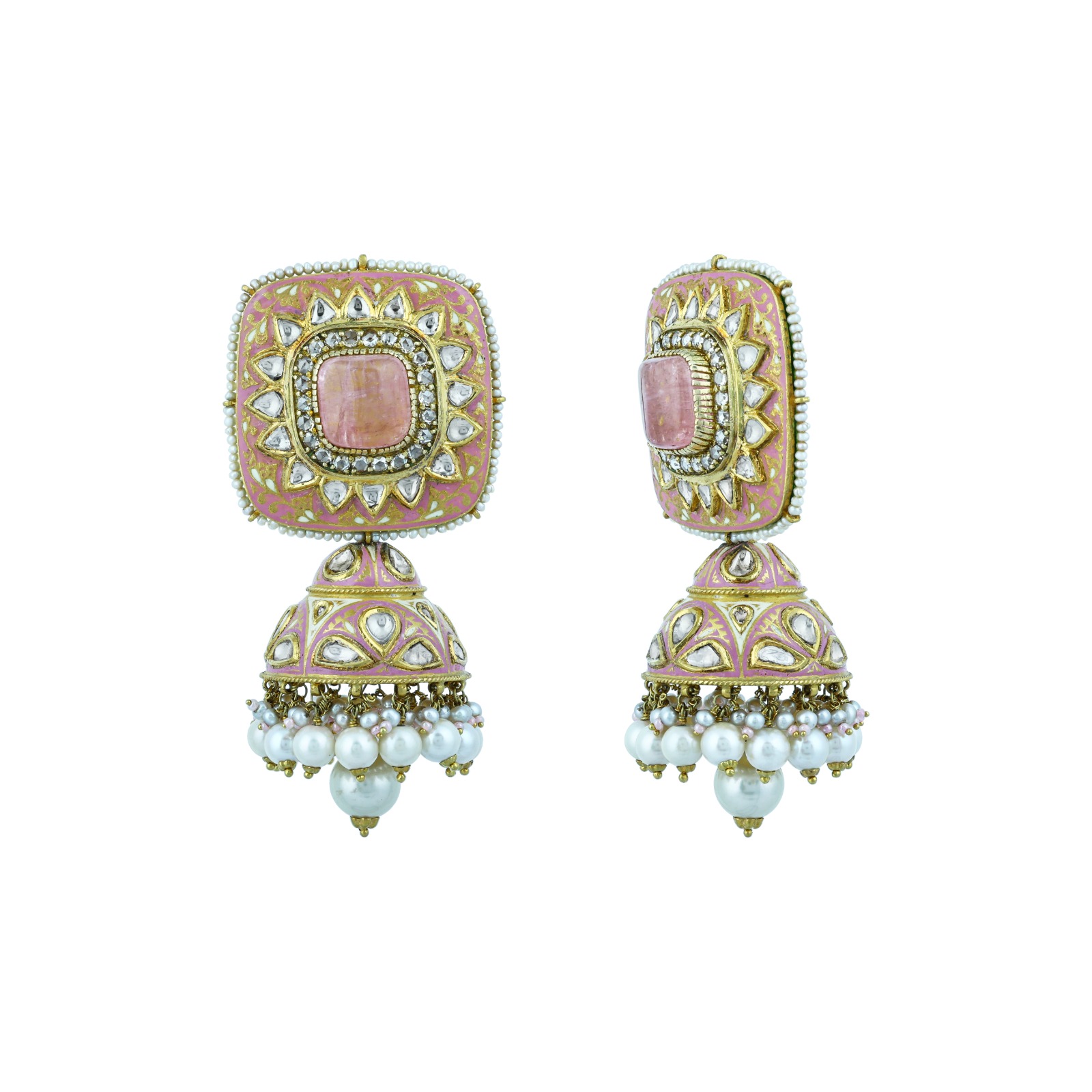 Rose Enamel Earrings with Square Polki and Pearl Drops