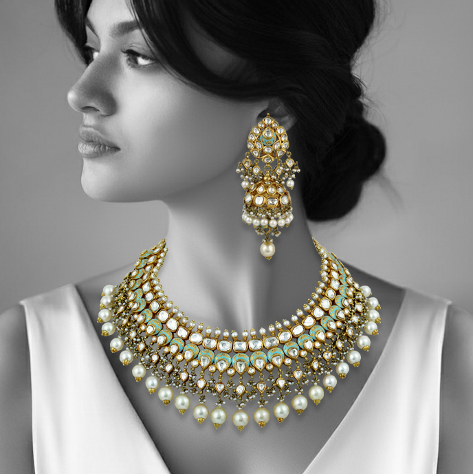 Mint Meenakari Necklace Set with Polki & Pearls