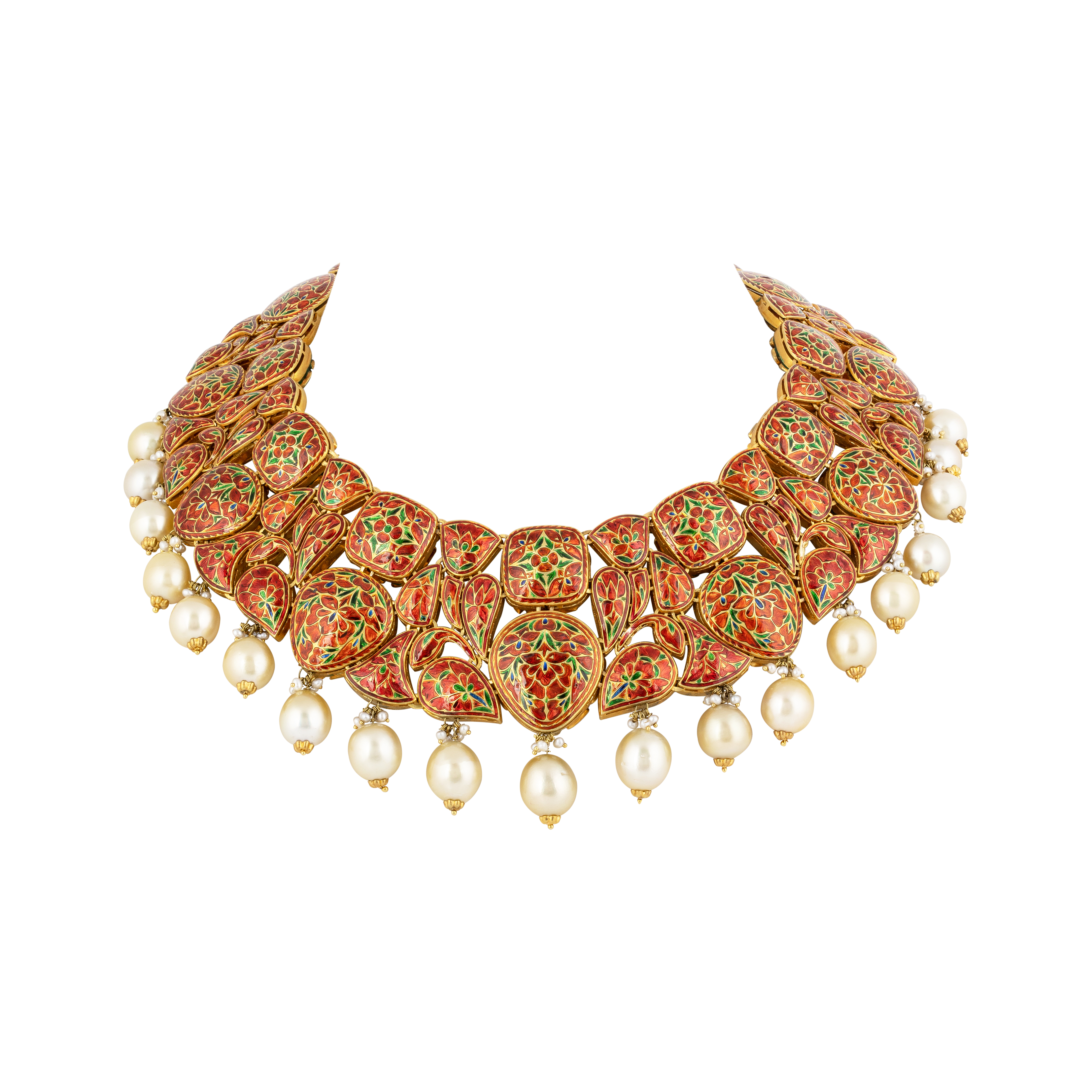 Polki Necklace Set with Pearl Drops & Green Enamel Cluster Polki