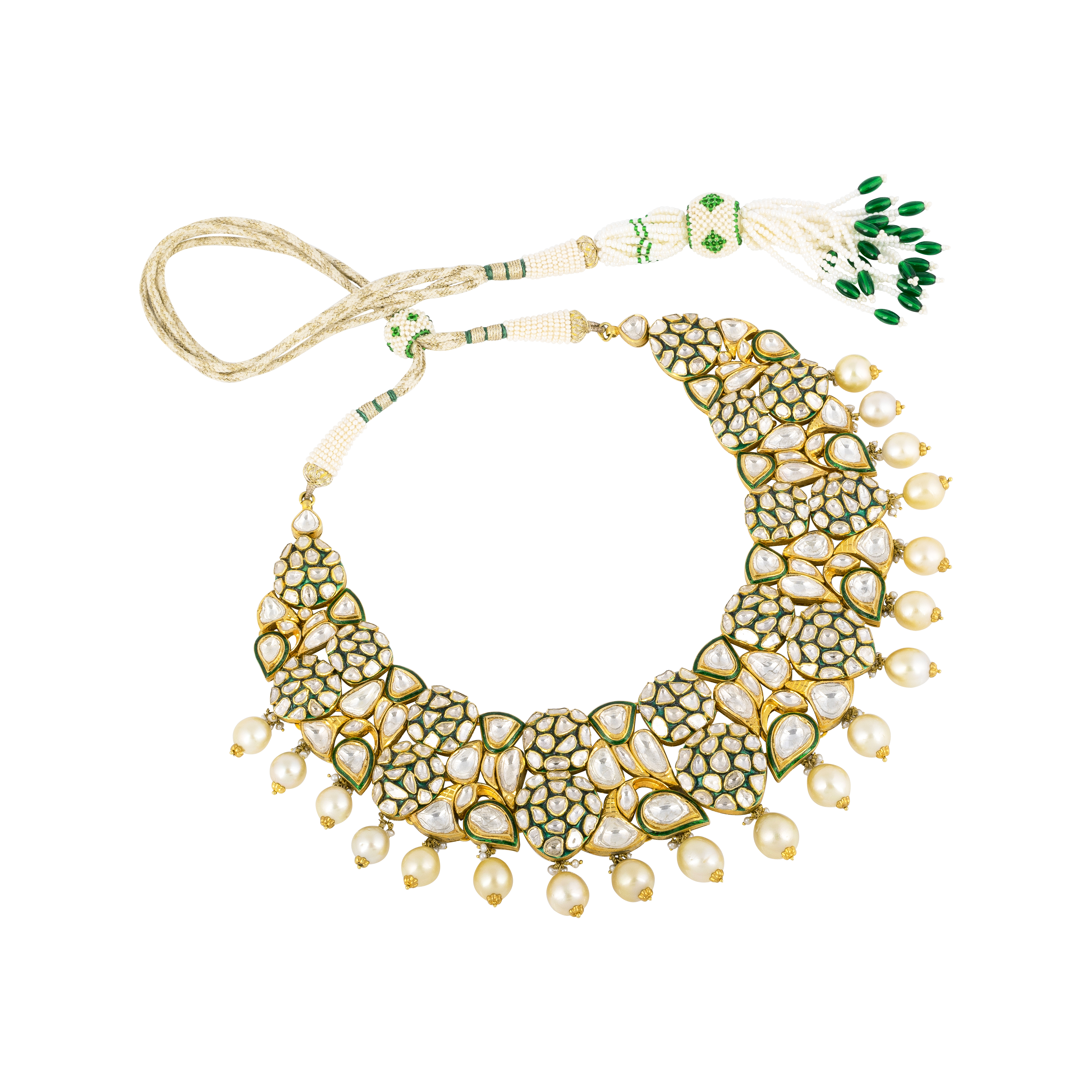 Polki Necklace Set with Pearl Drops & Green Enamel Cluster Polki