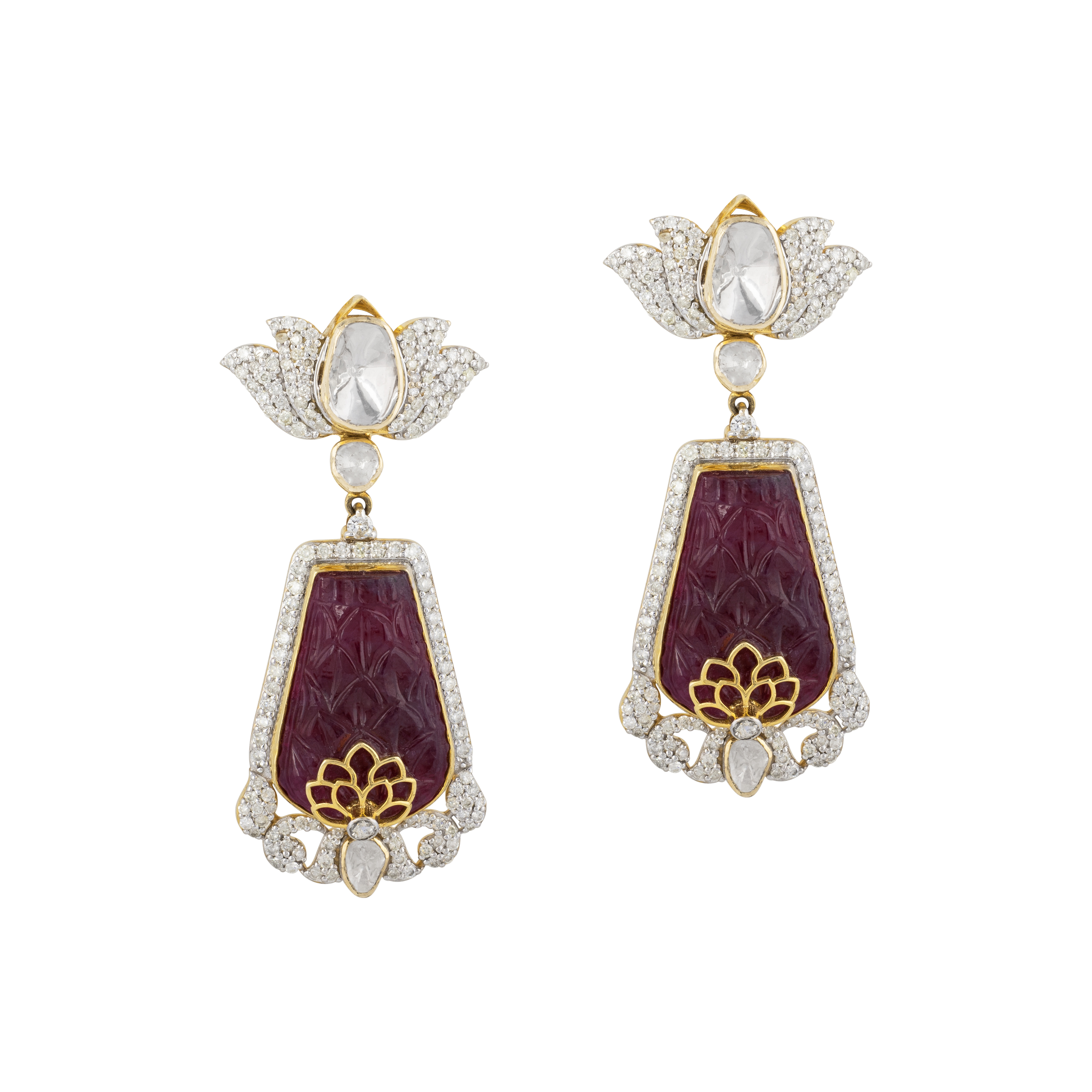Carved Red Centerpiece Polki Earrings with Diamond Lotus Motif