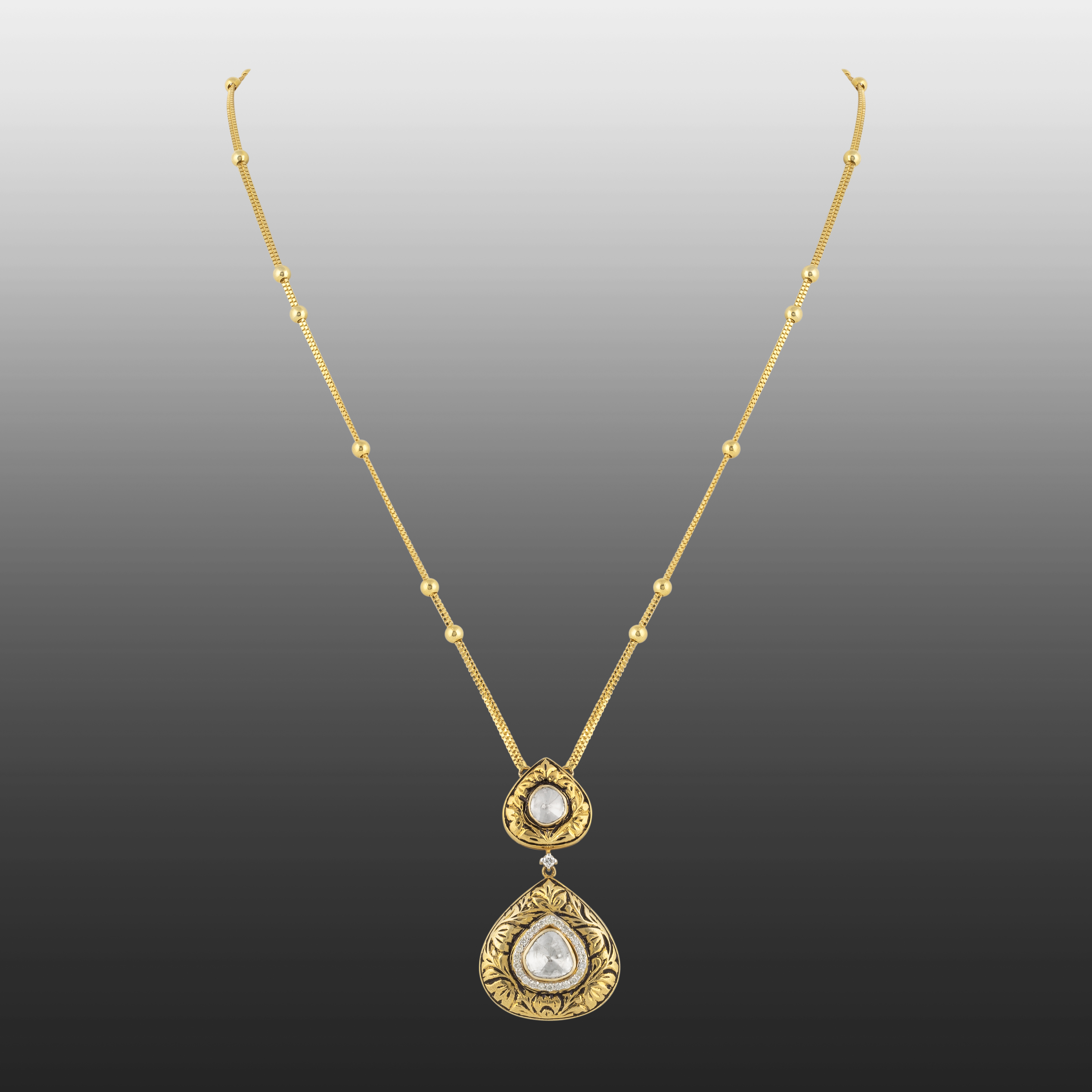 Double-Tiered Uncut Diamond Polki Pendant with Partash Work