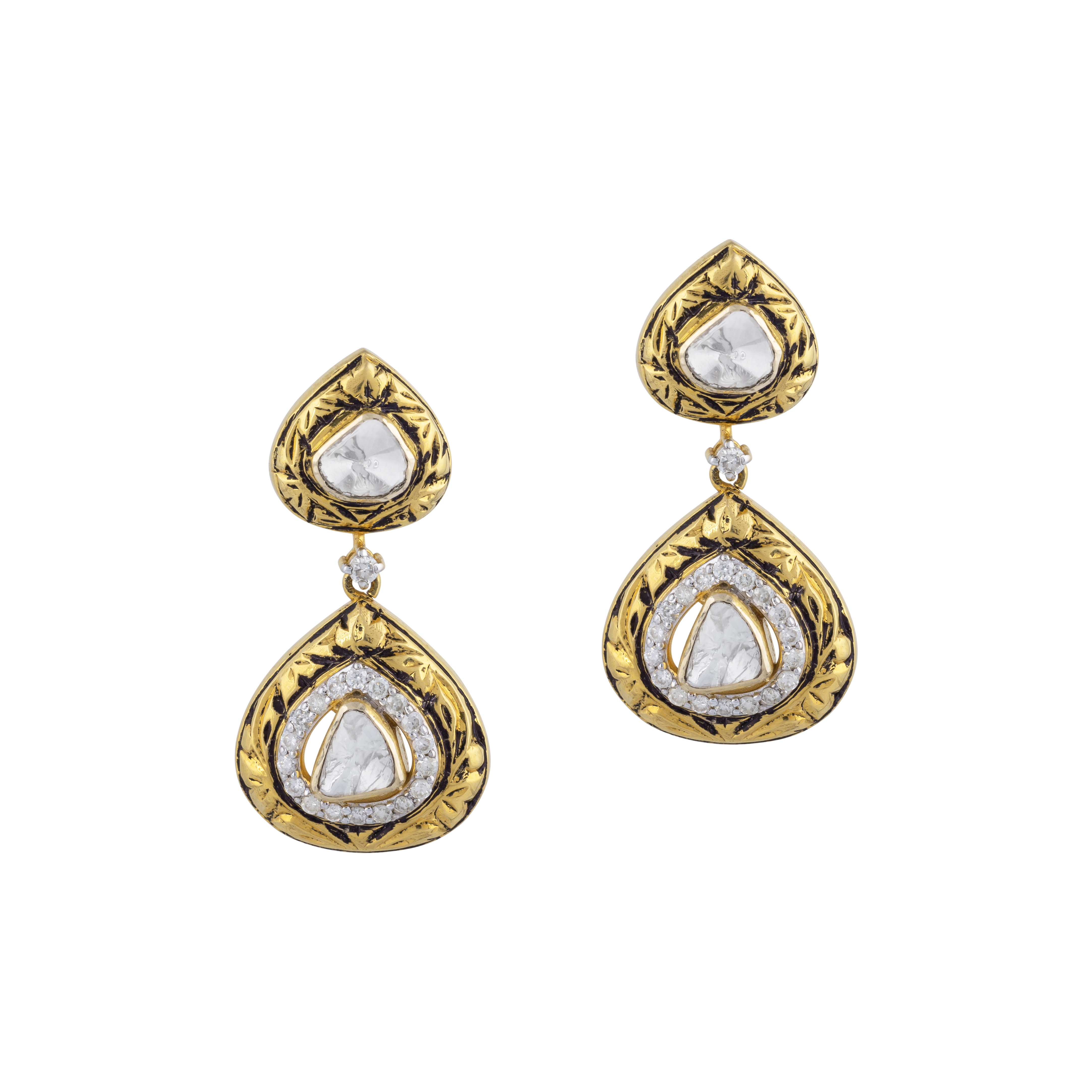 Teardrop Uncut Diamond Polki Earrings with Partash Gold Detailing