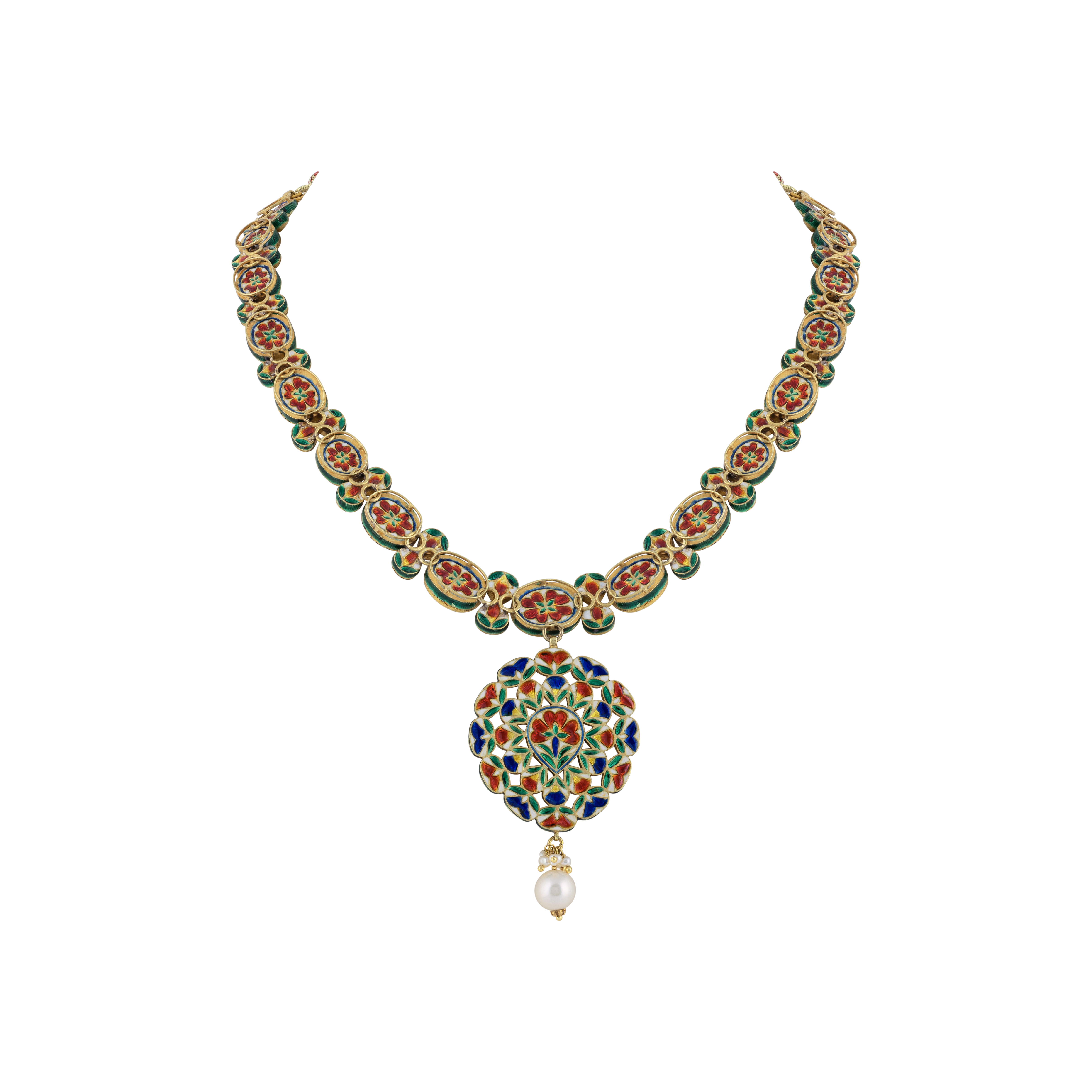Navratna Necklace with Polki , Pearl & Teardrop Pendant