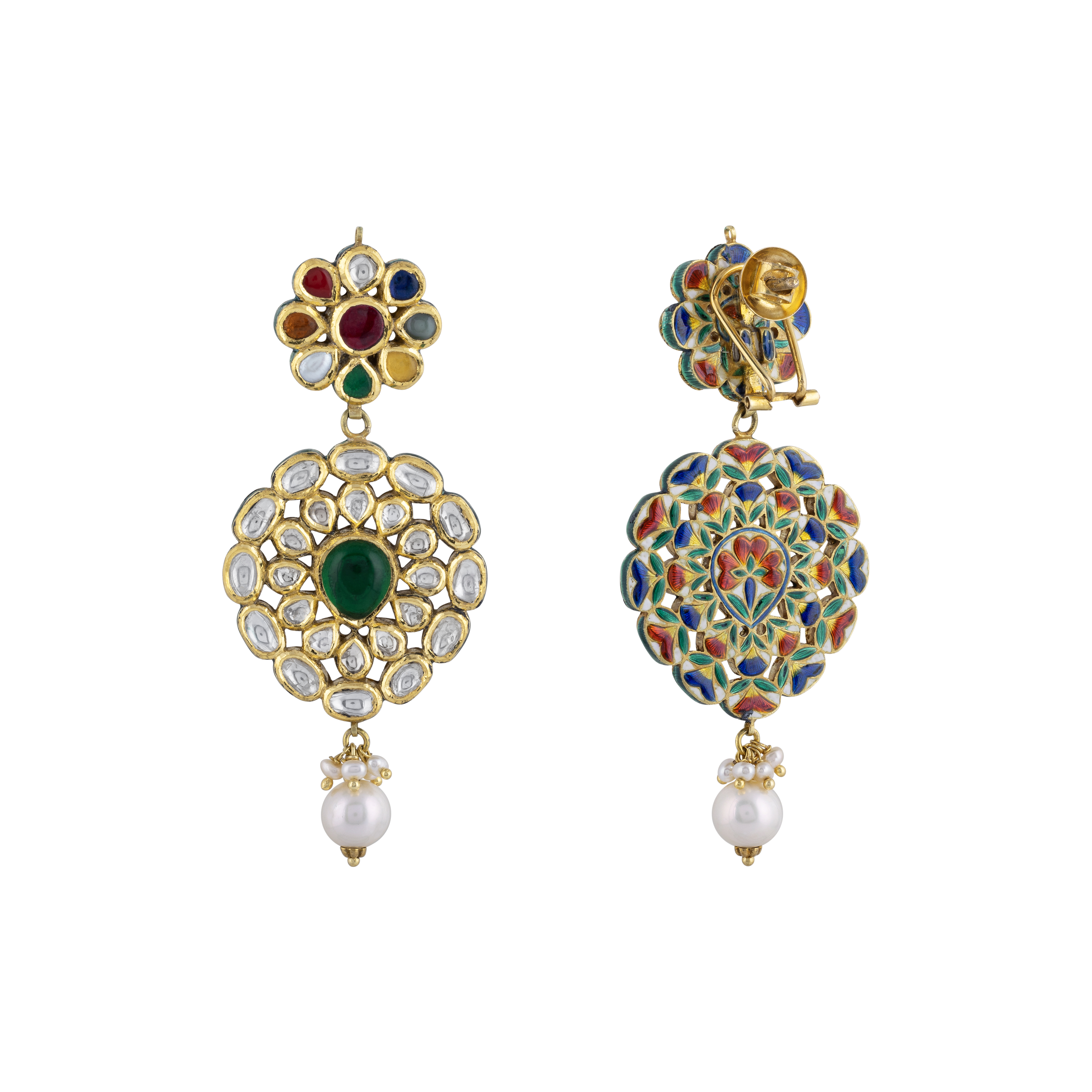 Floral Navratna Earrings with Polki Pear Drop