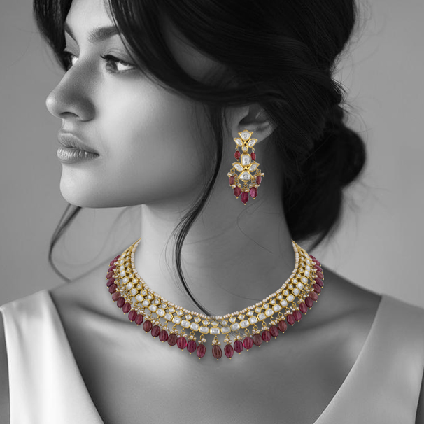 Polki Necklace with Tourmaline Drops and Pearl Beads